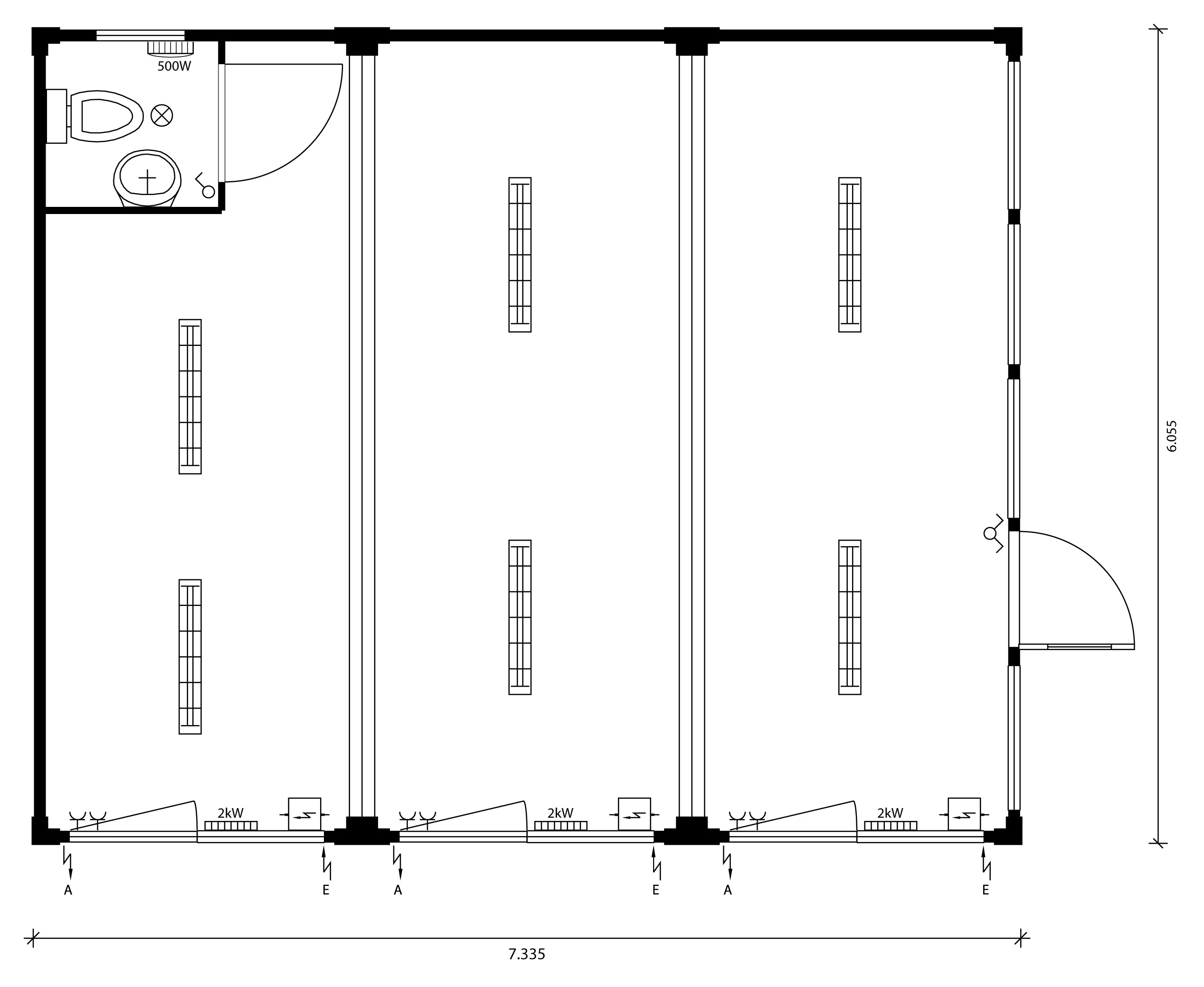 Grundriss der Containeranlage MEH-006 aus drei Containern mit Glasfront, Eingangstür, Fenstern an der Stirnseite und WC-Raum.