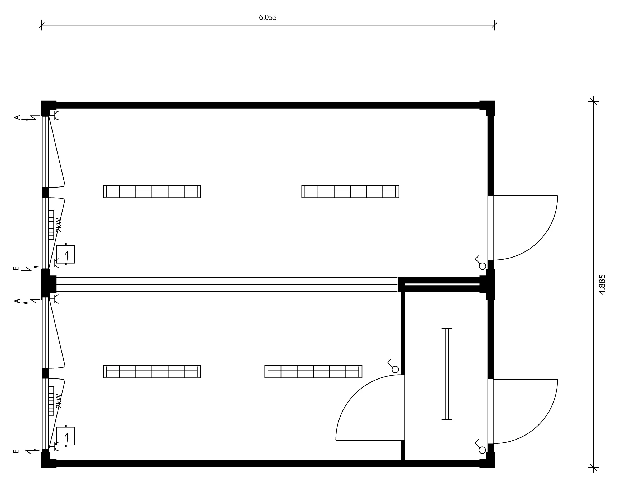 Grundriss der Containeranlage MEH-007 aus zwei 20-ft-Containern mit Vorflur, vier Fenstern und zwei Außentüren.