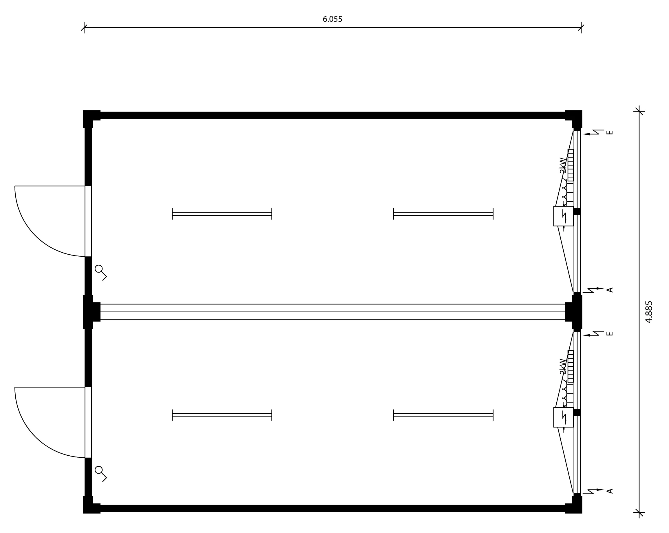 Grundriss der Containeranlage MEH-008 aus zwei Containern mit vier Fenstern, zwei Türen und Leuchten.