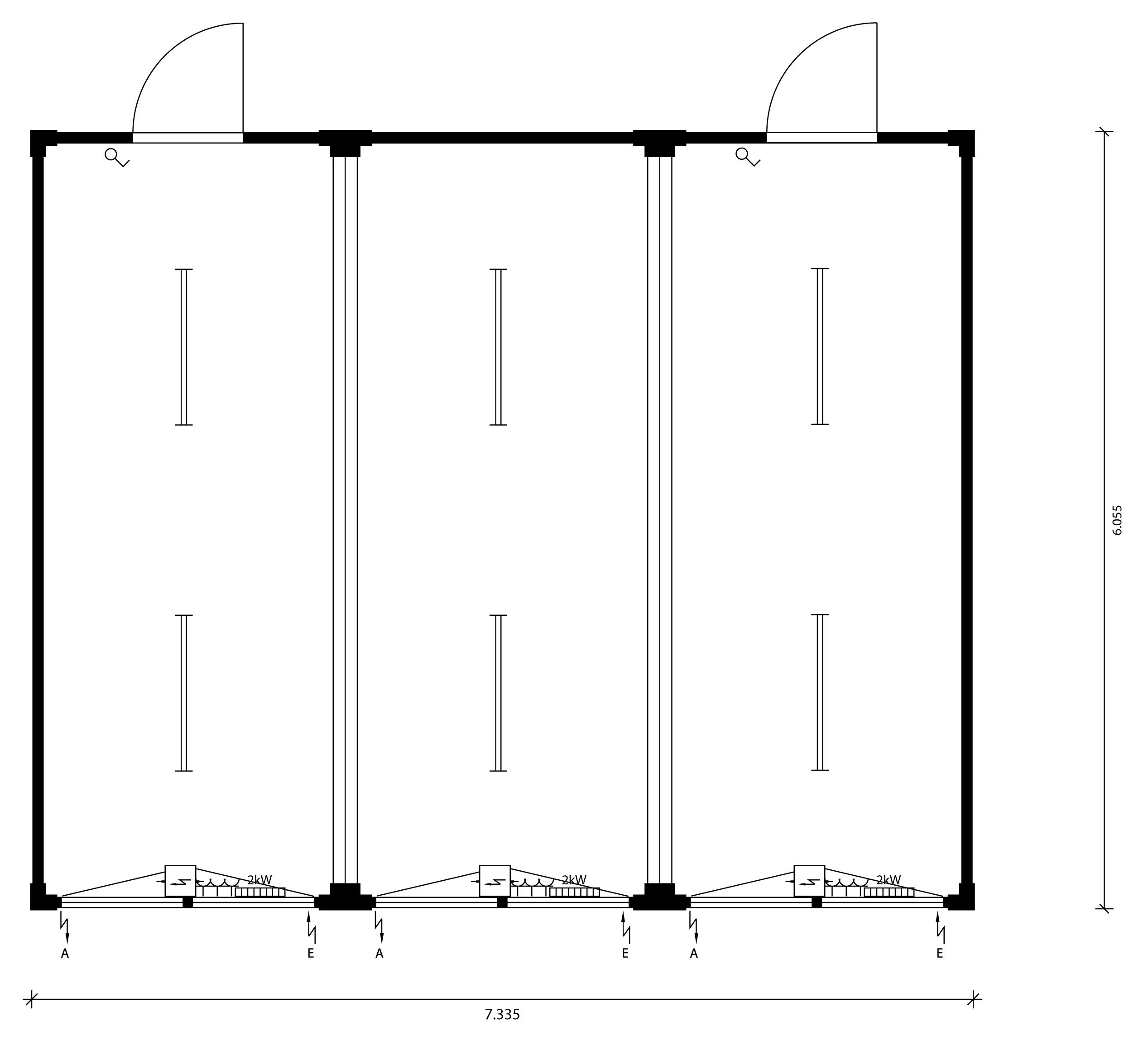 Grundriss der Containeranlage MEH-009 aus drei Containern mit sechs Fenstern und zwei Außentüren.