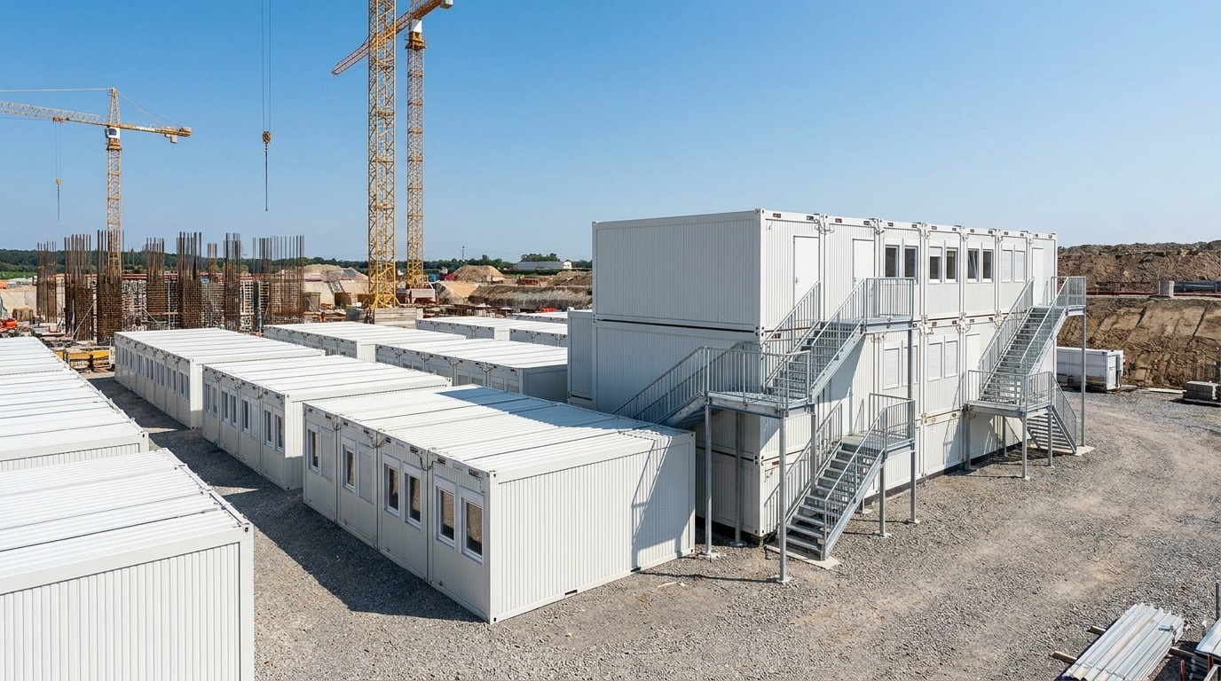 Baustelle mit mobiler Container-Infrastruktur