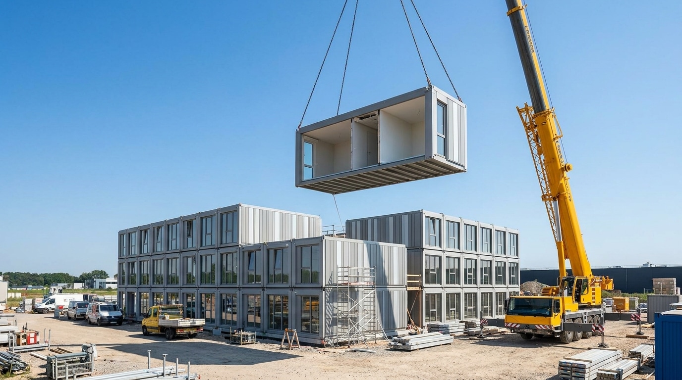 Vorgefertigte Raumzellen werden per Kran montiert