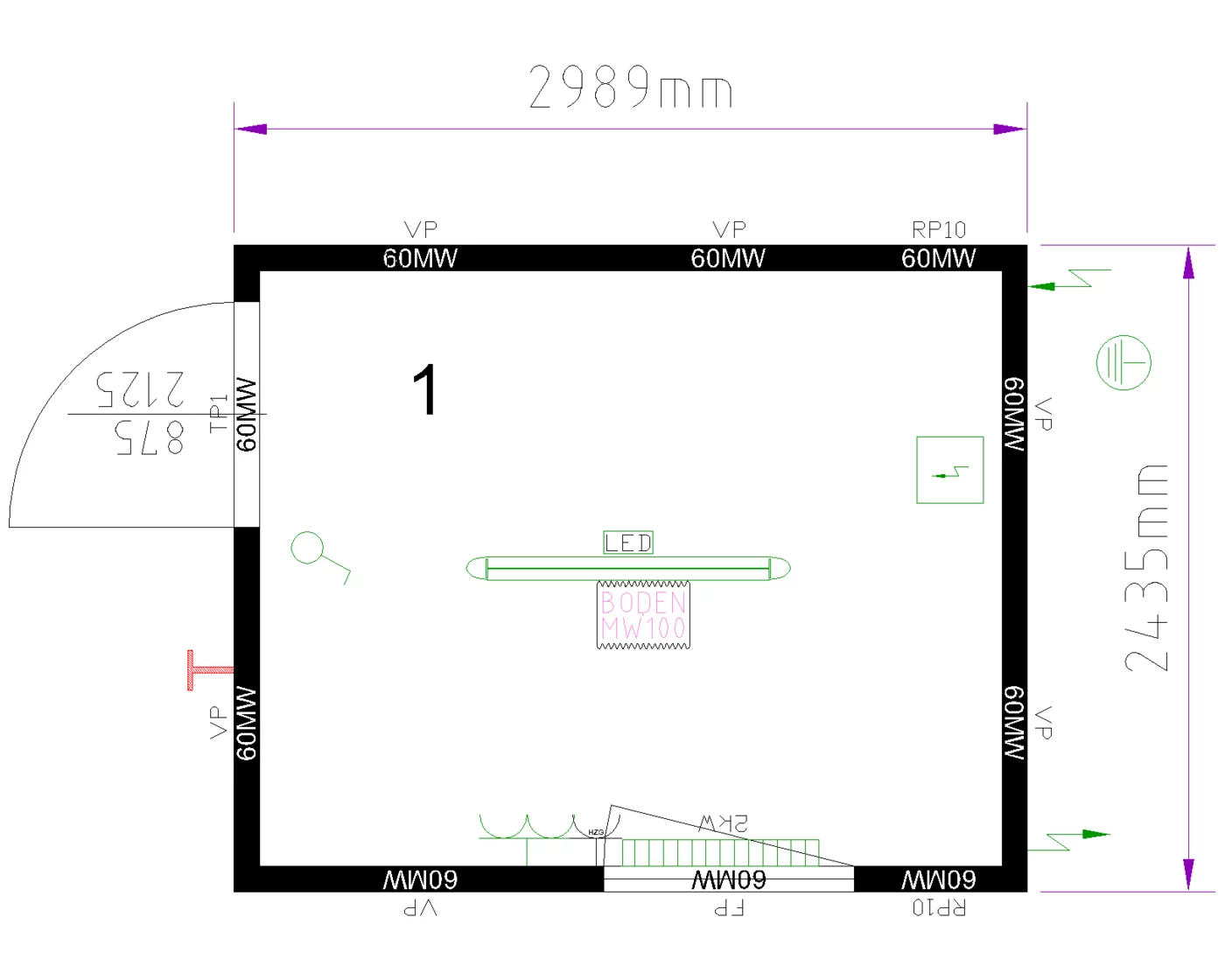 Grundriss Raummodul 10 ft, Fenster an der Längsseite