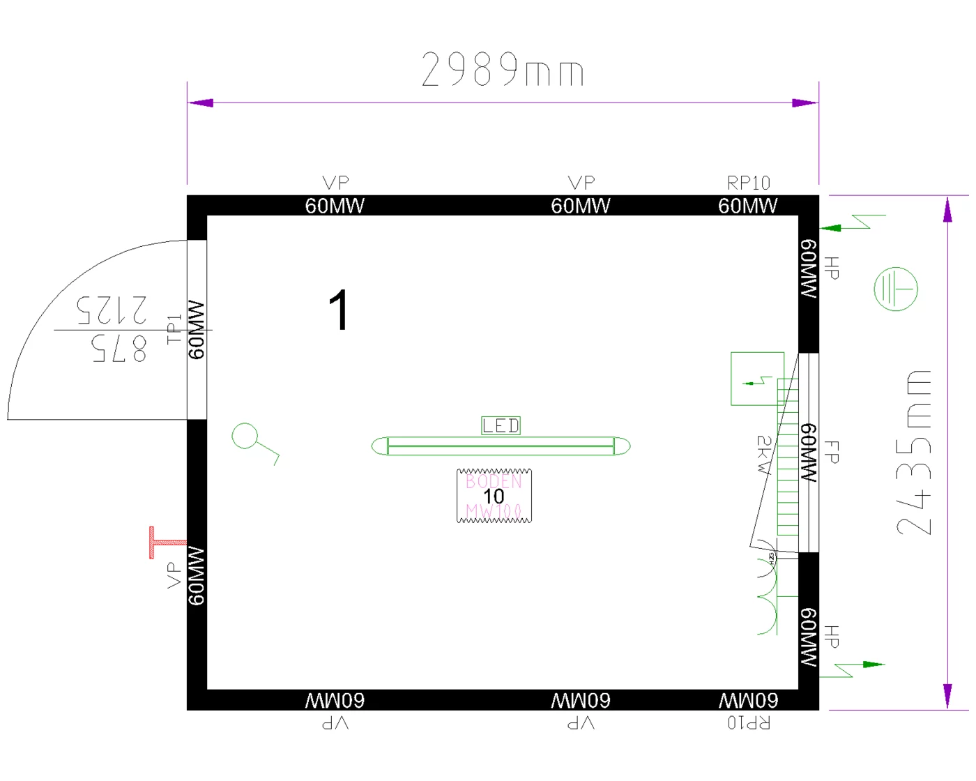 Grundriss Raummodul 10 ft, Fenster an der Stirnseite