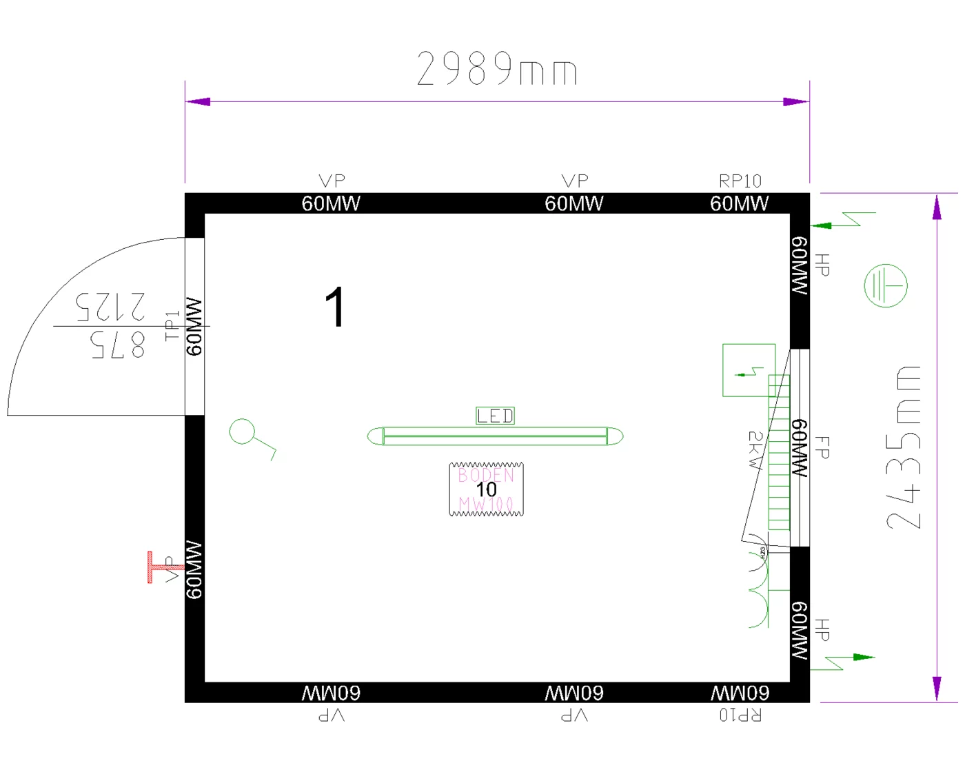 Grundriss Raummodul 10 ft, Fenster an der Stirnseite