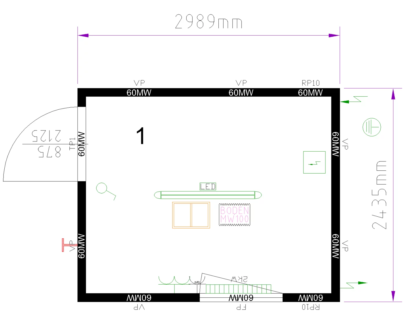 Grundriss Raummodul 10 ft mit 950 mm Staplertaschen