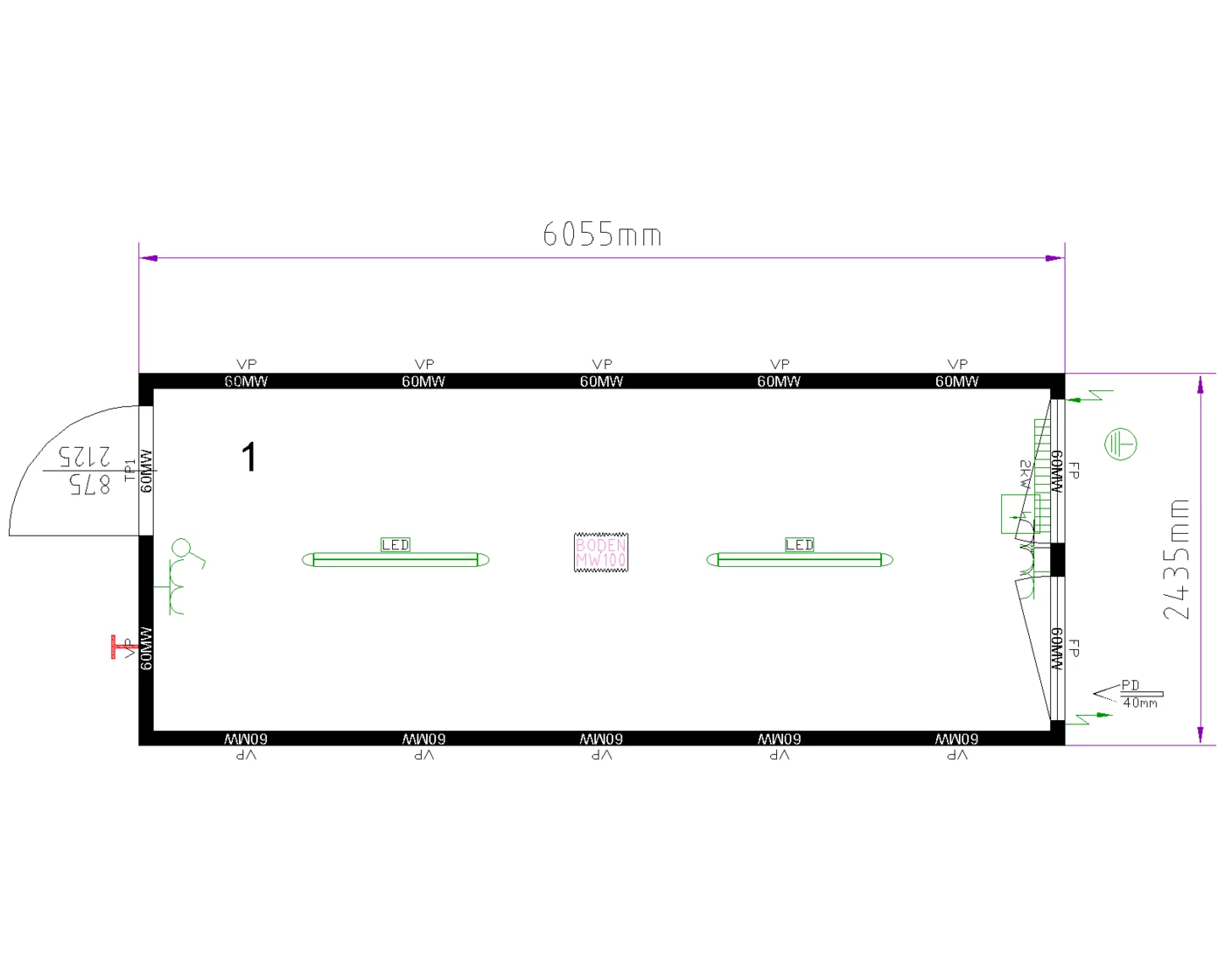 Grundriss Raummodul 20 ft, Fenster an der Stirnseite