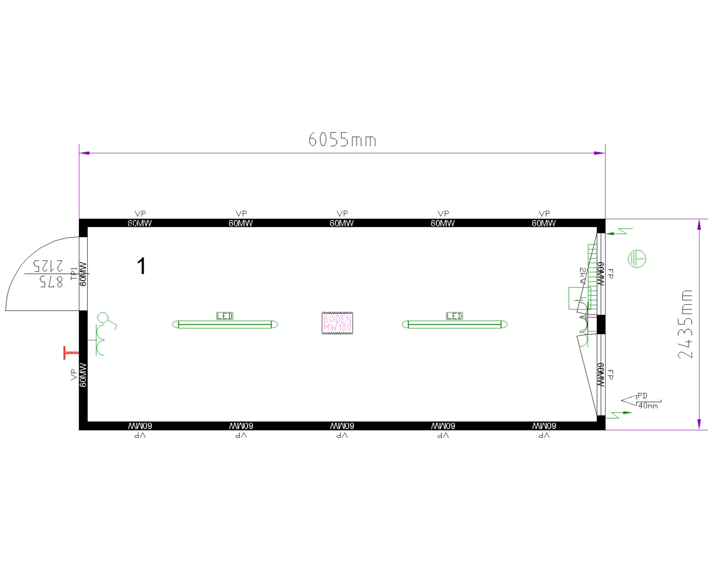 Grundriss Raummodul 20 ft, Fenster an der Stirnseite