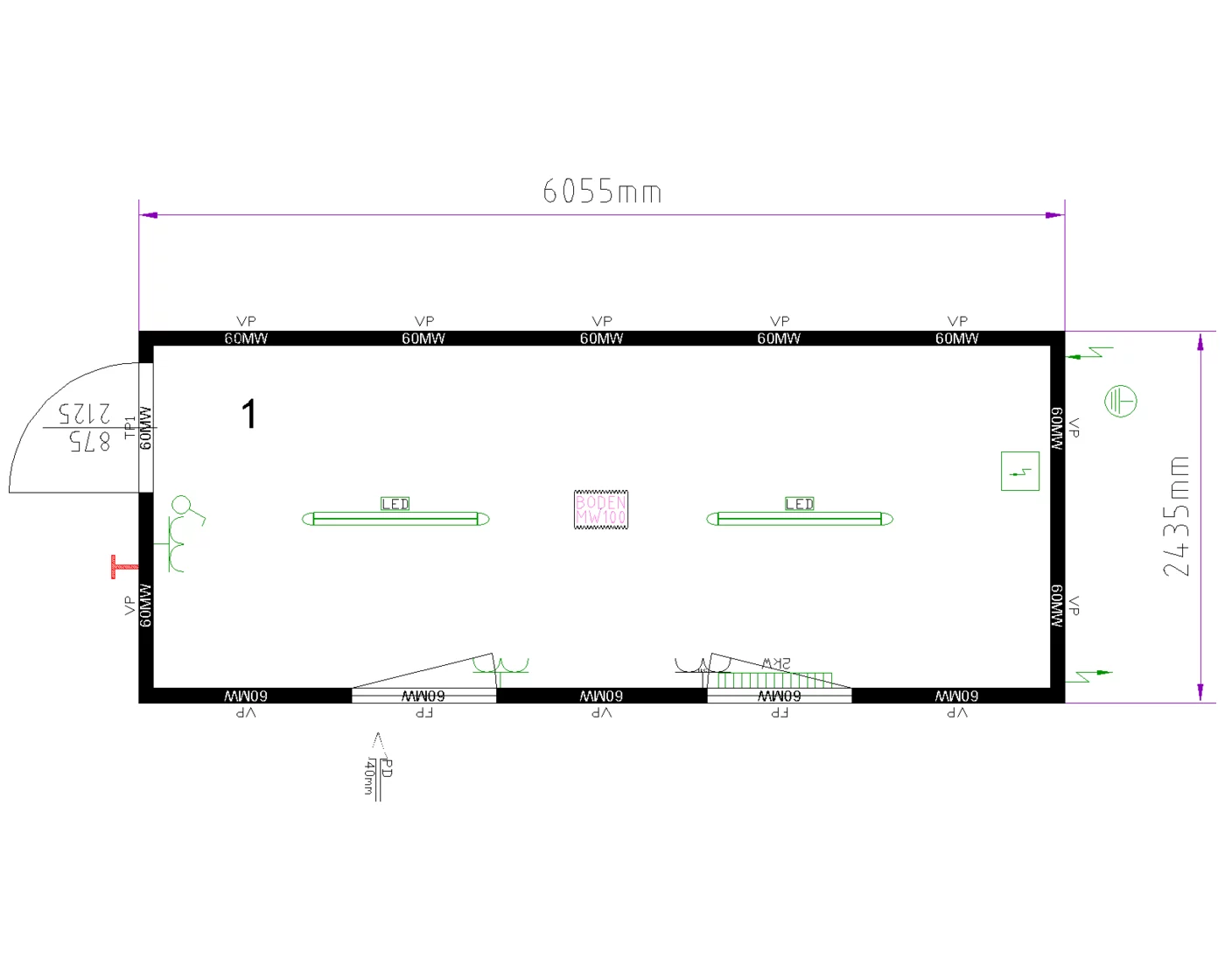 Grundriss Raummodul 20 ft, Fenster an der Längsseite