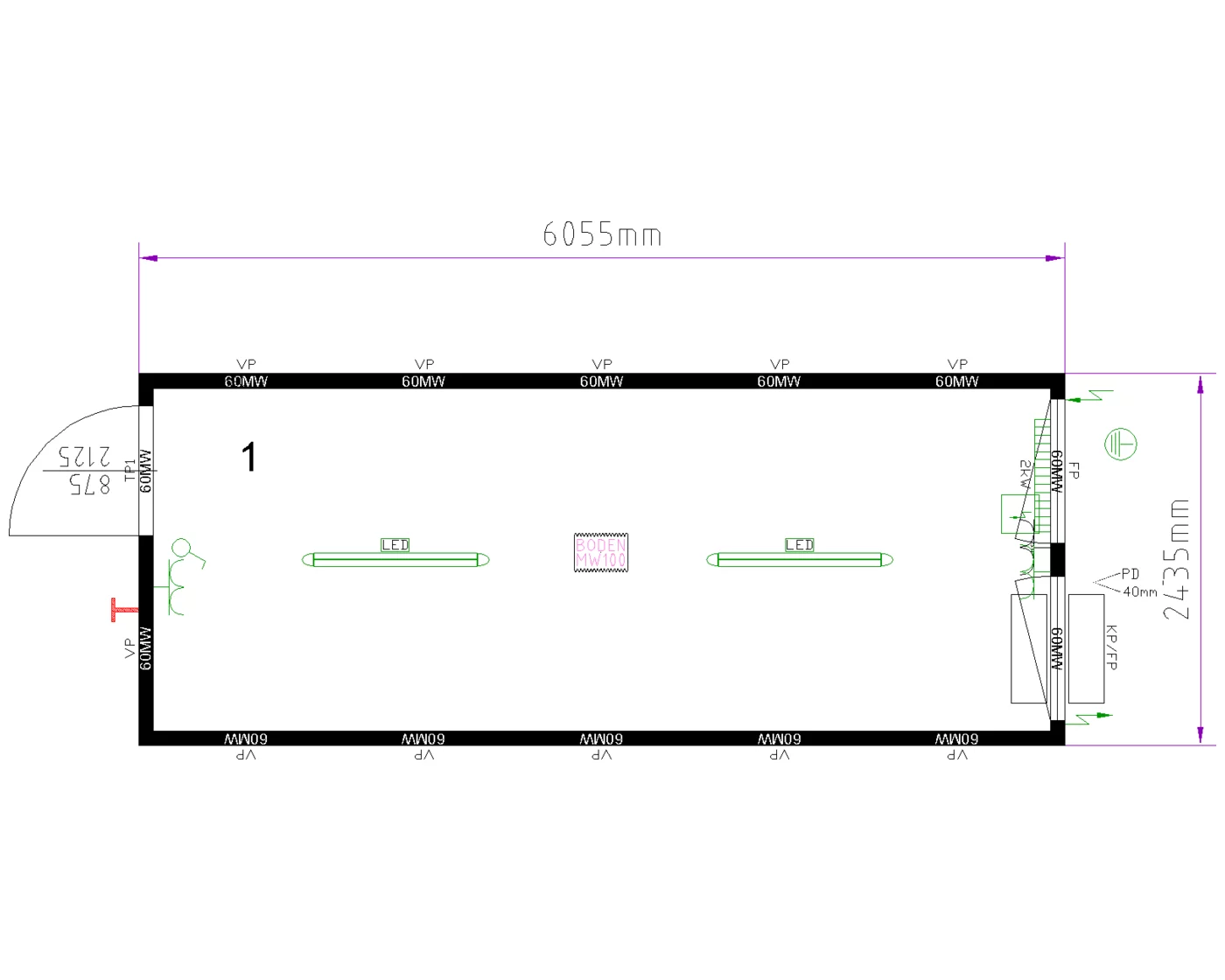 Grundriss Raummodul 20 ft mit Klimafenster