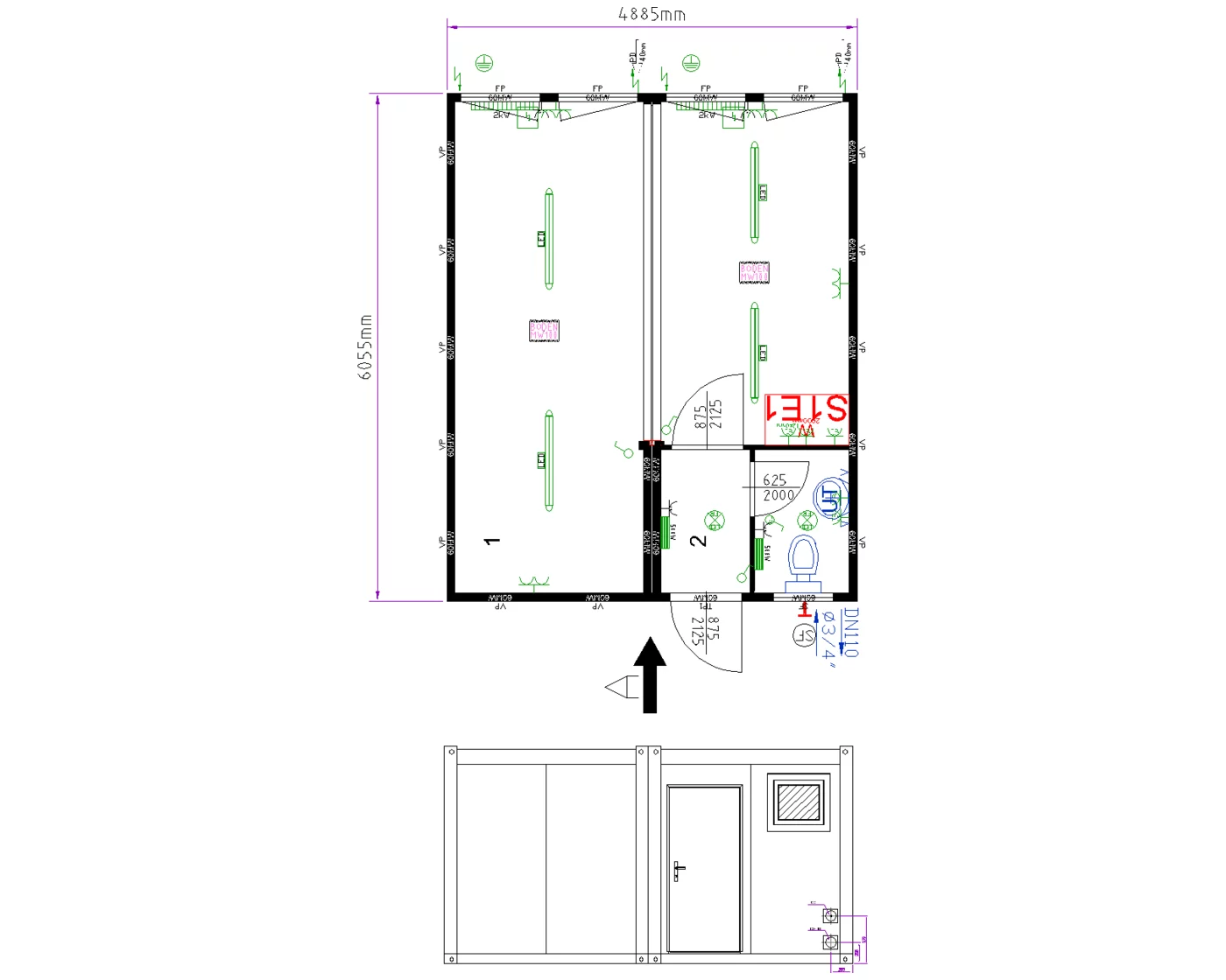 Grundriss Doppelanlage 20 ft mit Windfang und Toilette