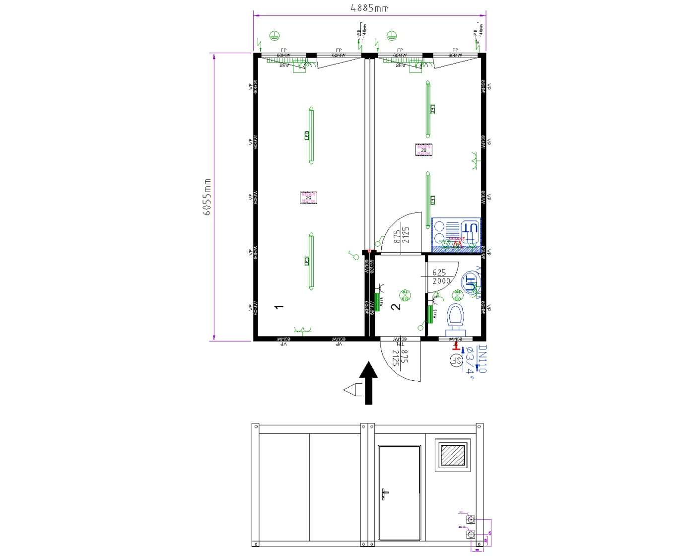 Grundriss Doppelanlage 20 ft mit Windfang, Toilette und Miniküche