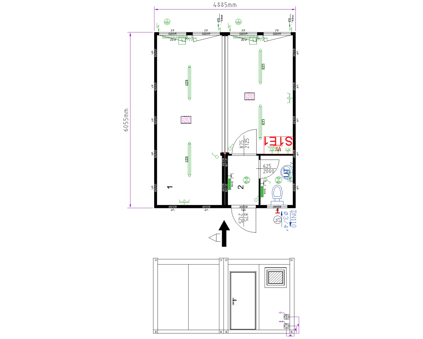 Grundriss Doppelanlage 20 ft mit Windfang und Toilette
