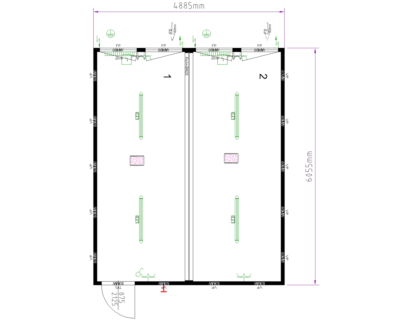 Grundriss Doppelanlage 20 ft, zwei Raummodule