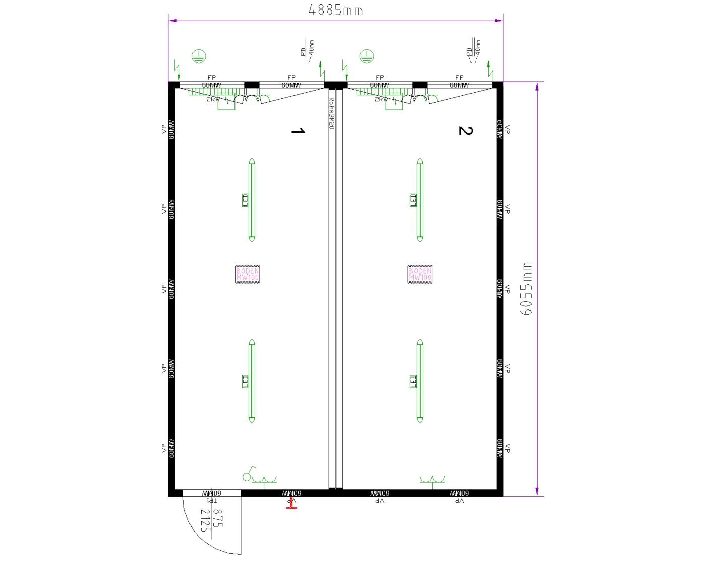 Grundriss Doppelanlage 20 ft, zwei Raummodule