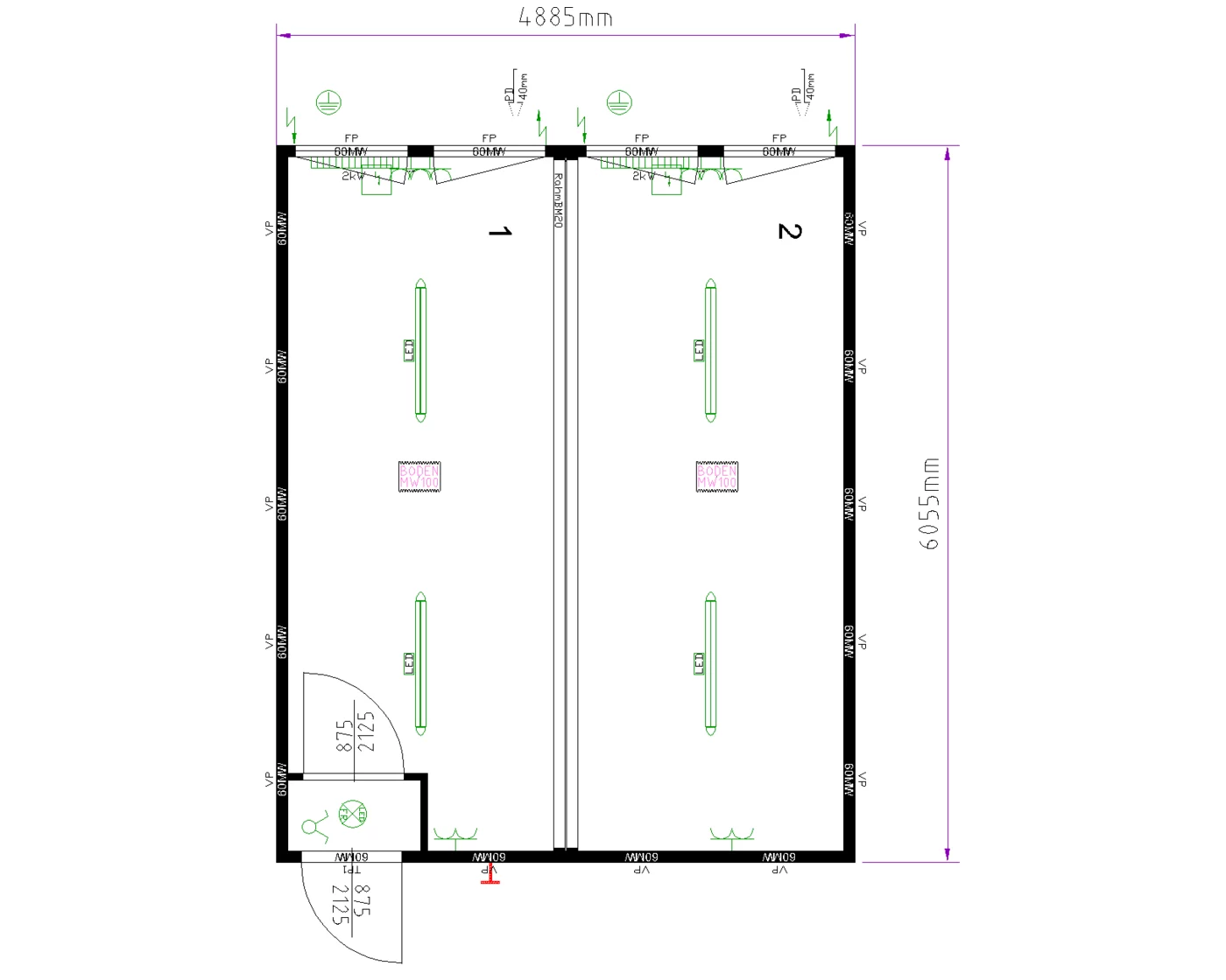 Grundriss Doppelanlage 20 ft mit Windfang