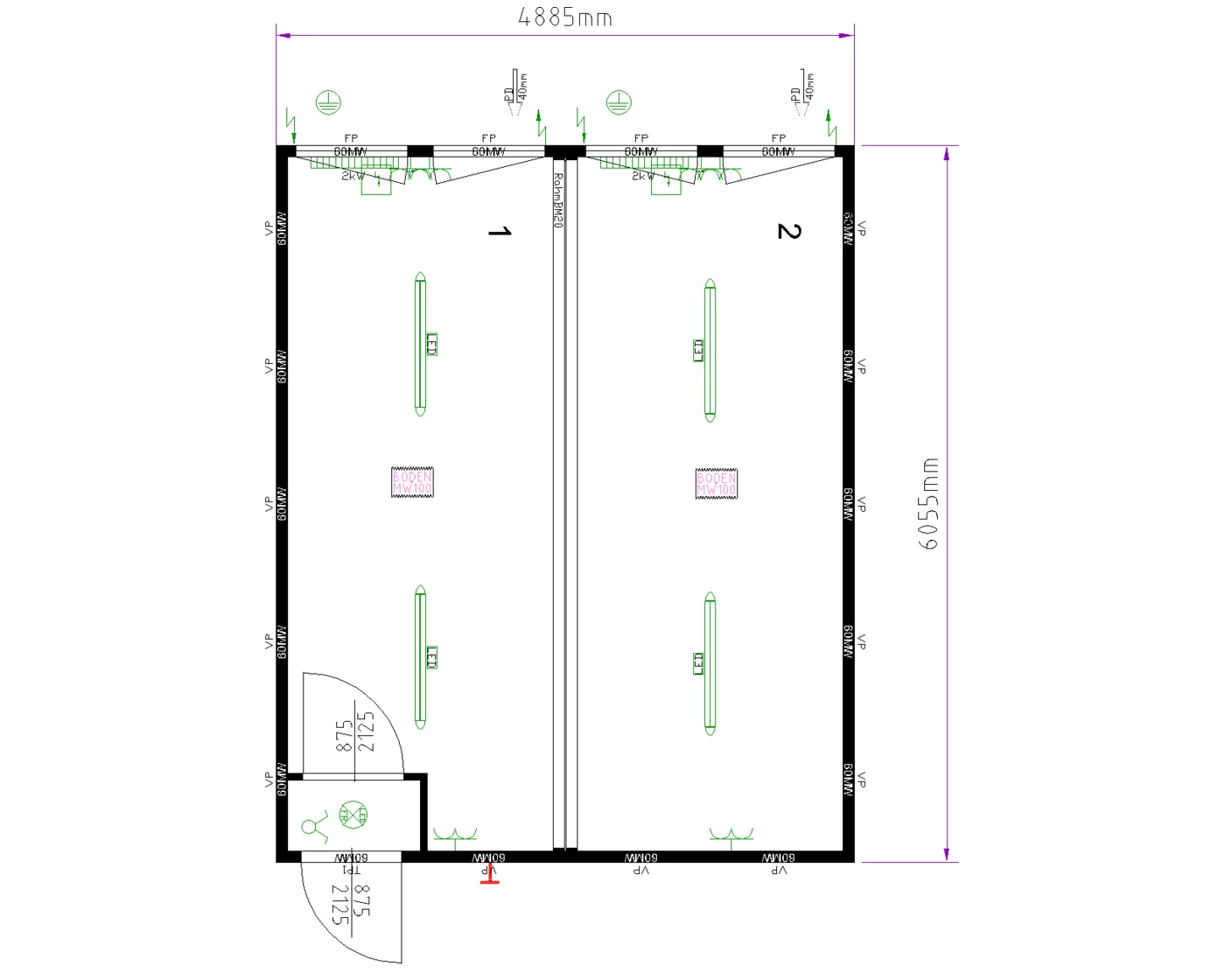 Grundriss Doppelanlage 20 ft mit Windfang