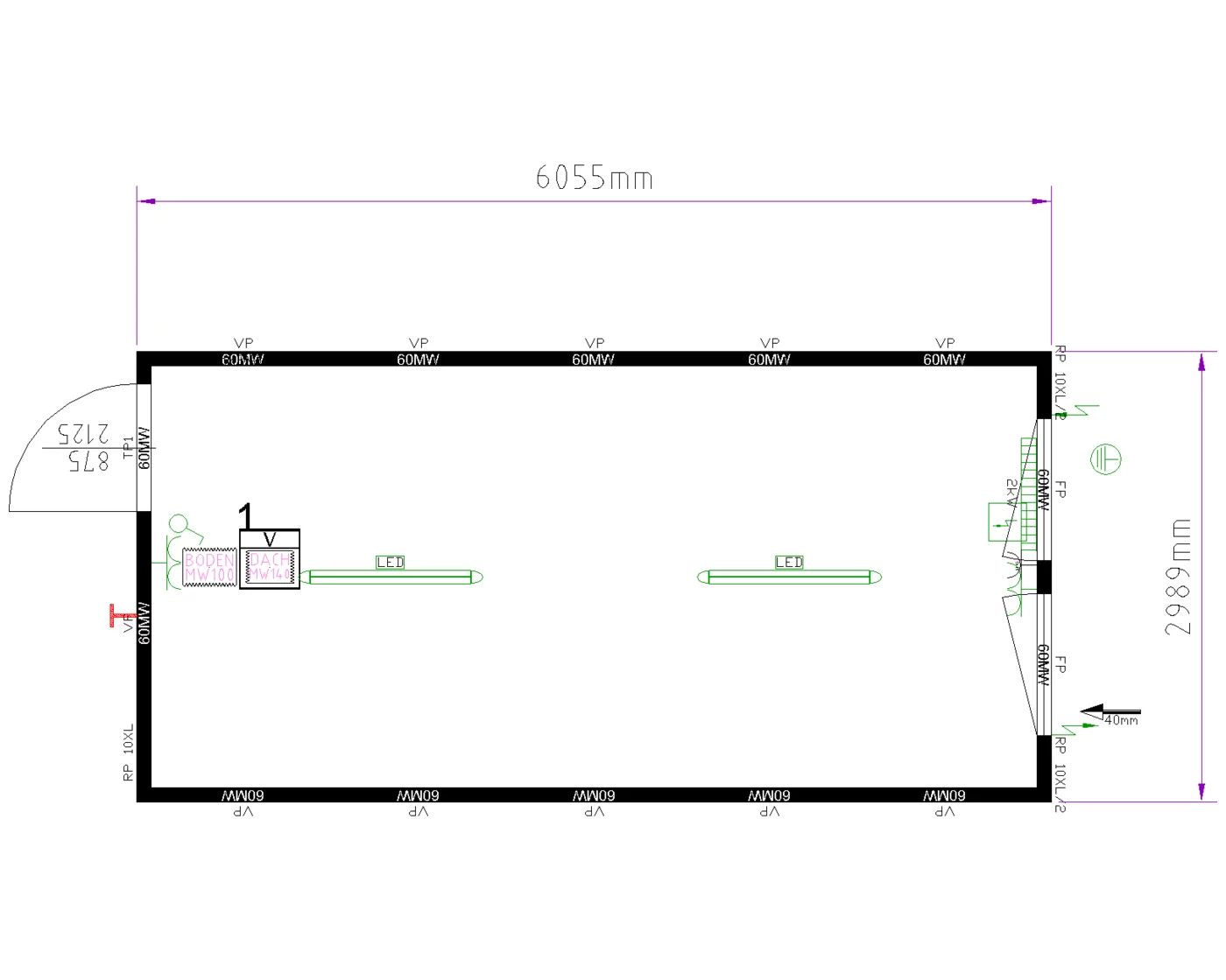 Grundriss Raummodul 20 ft XL, 3 m breit