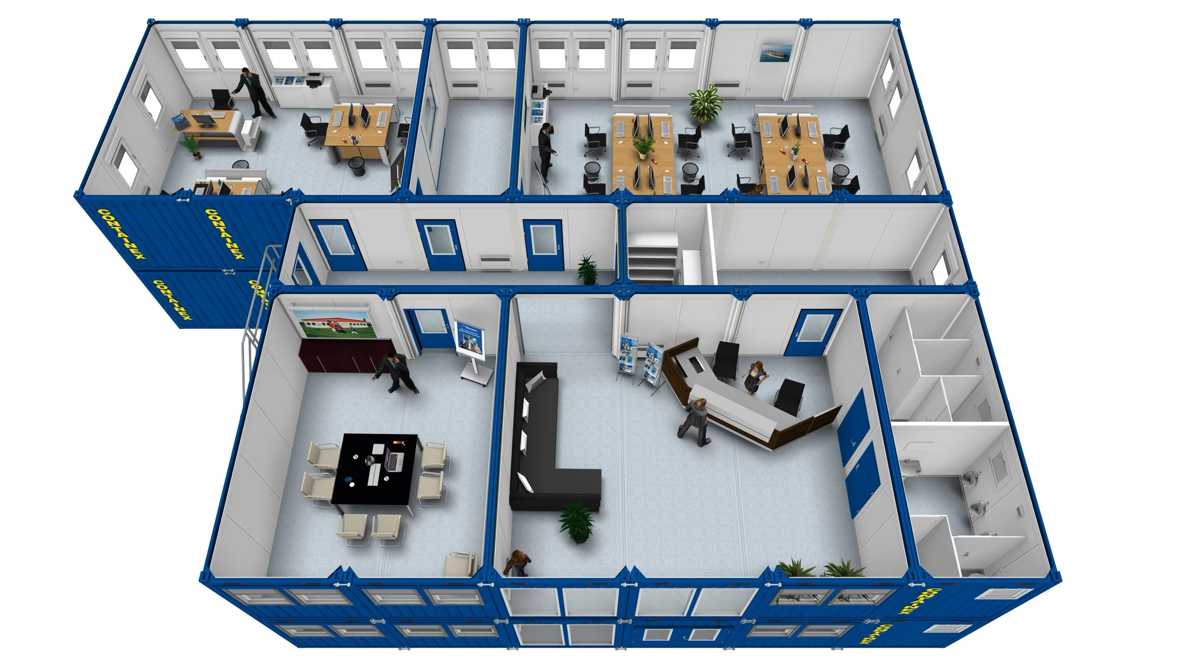 Möblierte Büroanlage aus Containermodulen von oben mit Empfang, Besprechung, Arbeitsplätzen und Sanitär
