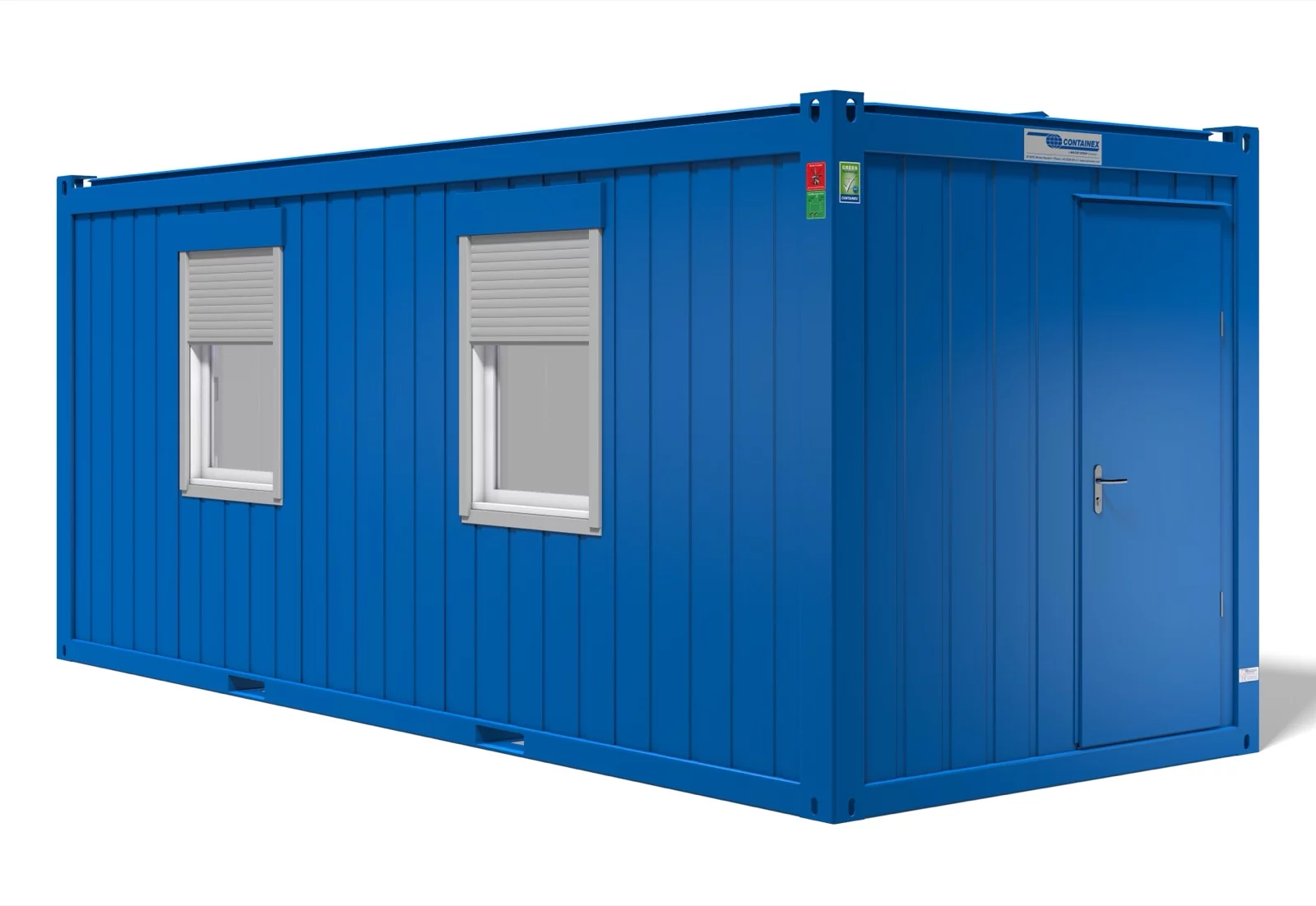 Blauer 20-Fuß-Bürocontainer mit zwei Fenstern an der Längsseite und Tür an der Stirnseite