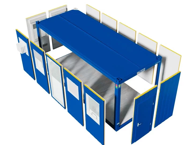 Containerrahmen mit Dach und Boden, rundherum die Wandpaneele