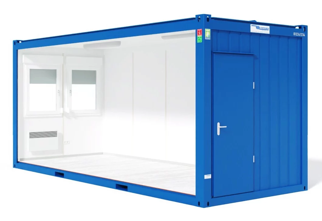 Blauer 20-Fuß-Bürocontainer mit offener Längsseite, Blick ins Innere