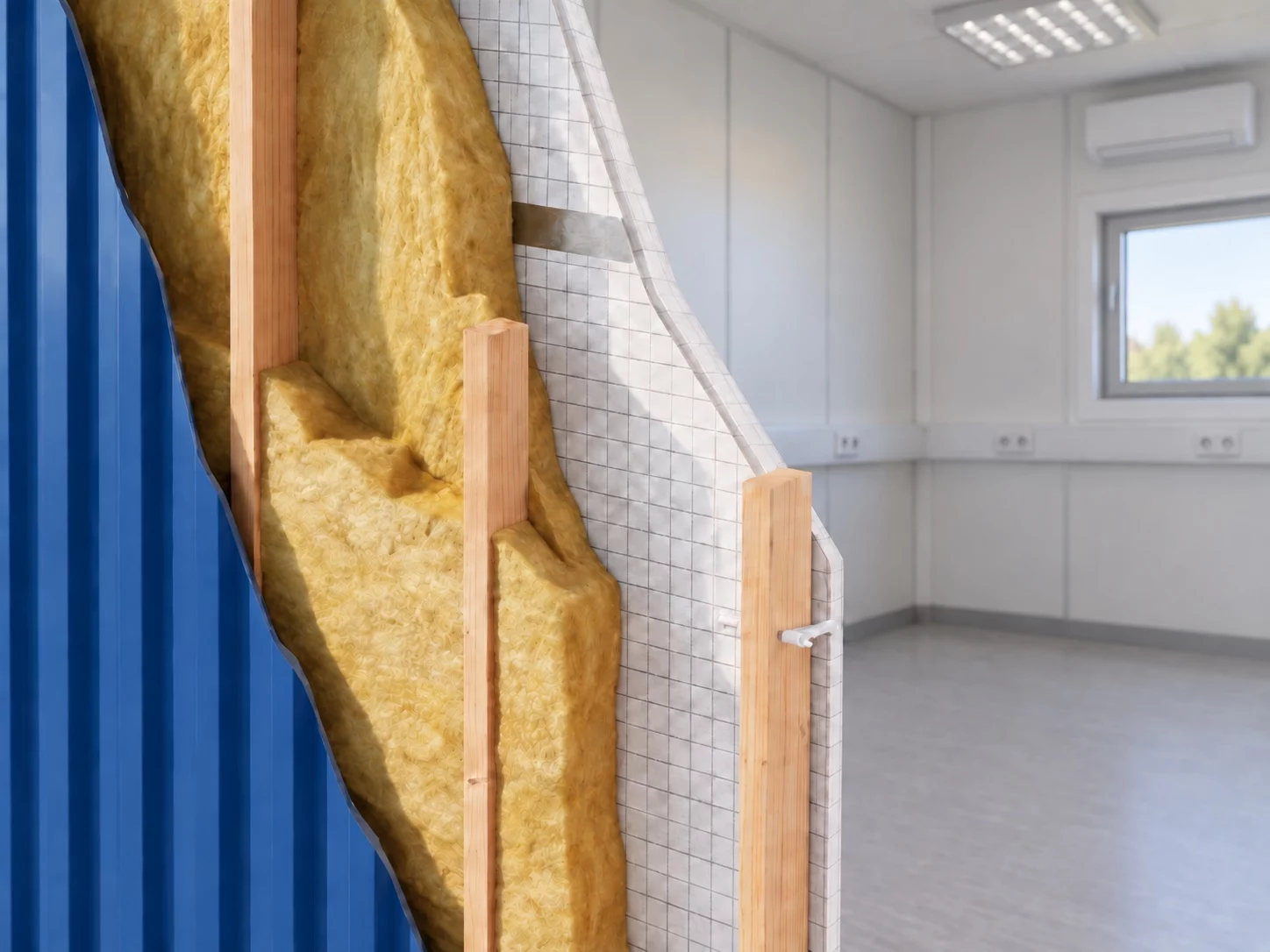 Schnitt durch eine gedämmte Containerwand mit Fenster und Klimagerät darüber