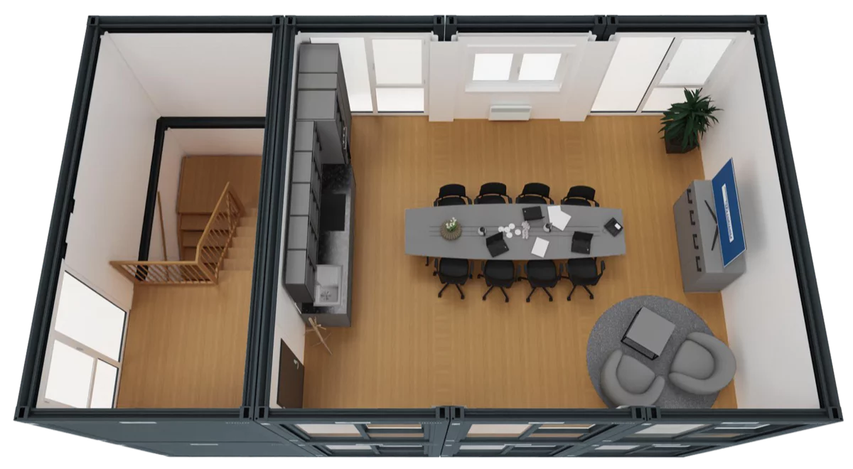 Draufsicht-Rendering eines Büros im Obergeschoss mit Besprechung, Teeküche und Treppe