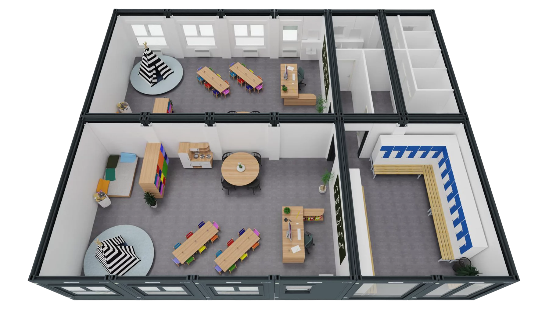 Draufsicht-Rendering eines Kindergartens aus PLUS-Line-Modulen mit Gruppenräumen, Garderobe und WC