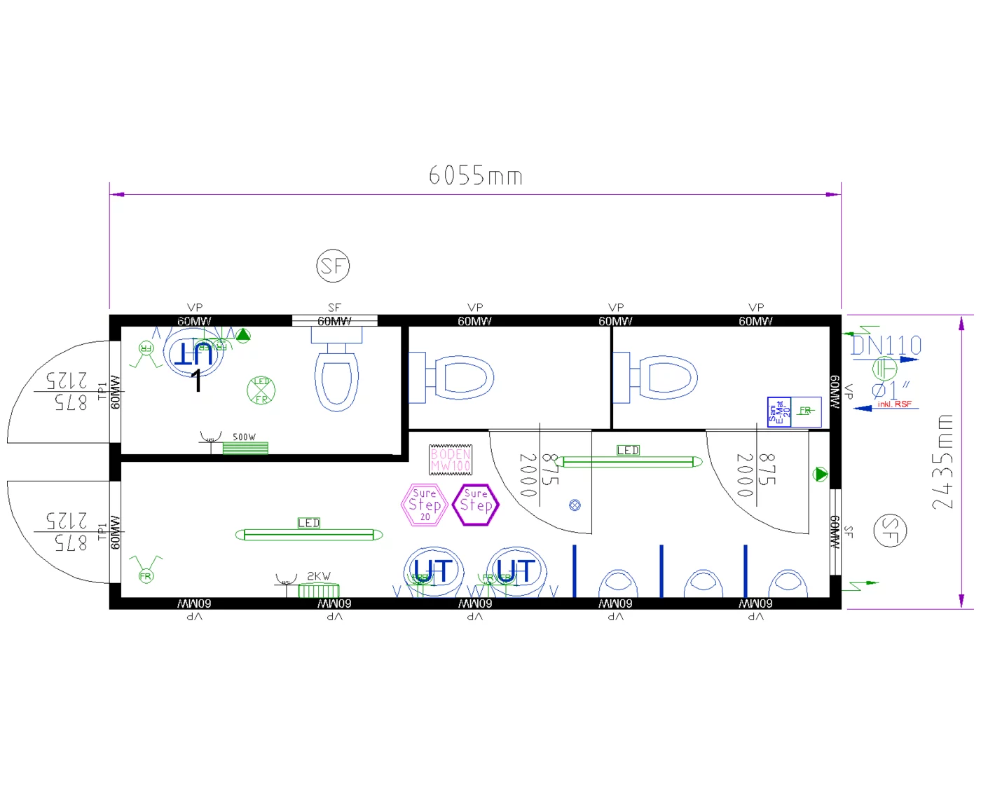 Grundriss WC-Container 20 ft Herren und Damen
