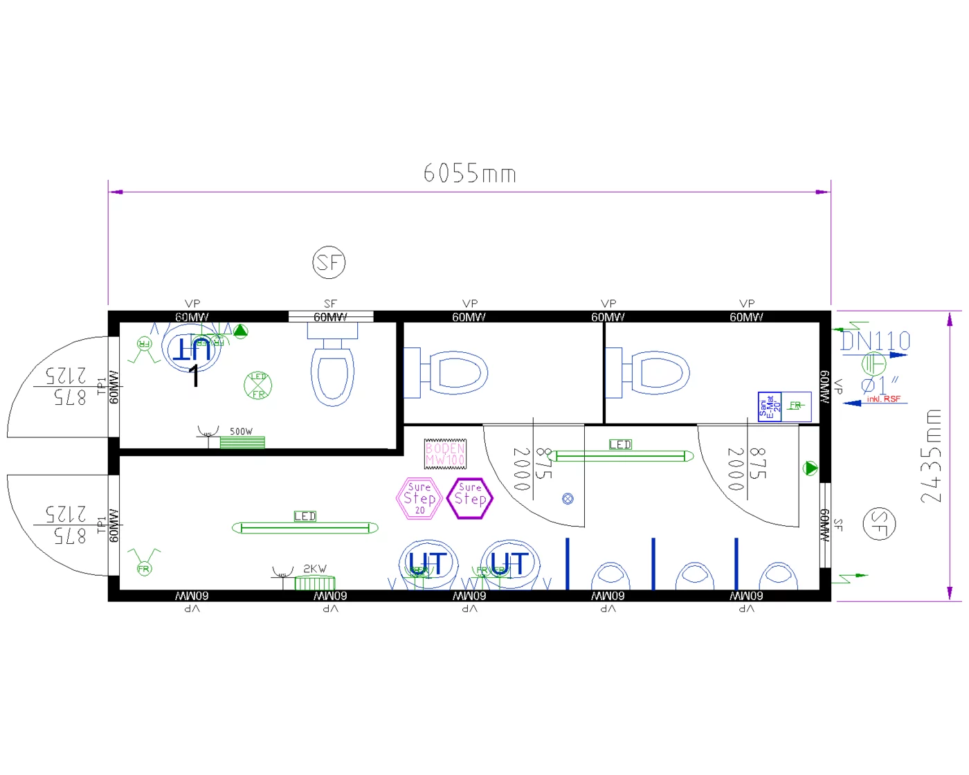 Grundriss WC-Container 20 ft Herren und Damen