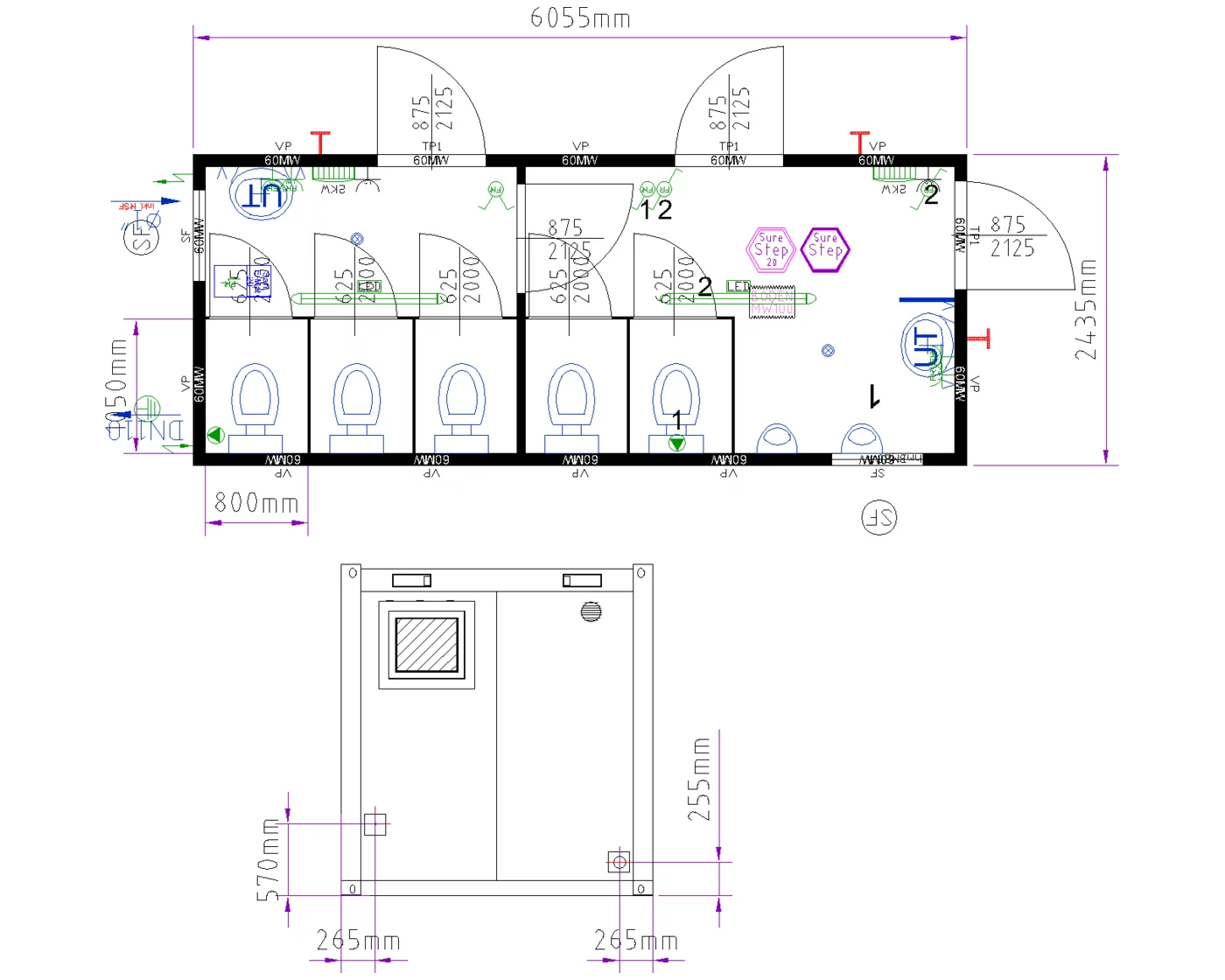 Grundriss WC-Container 20 ft Damen und Herren