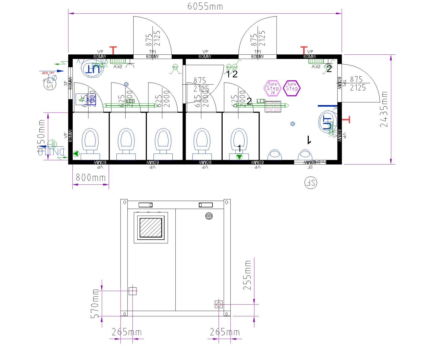 Grundriss WC-Container 20 ft Damen und Herren
