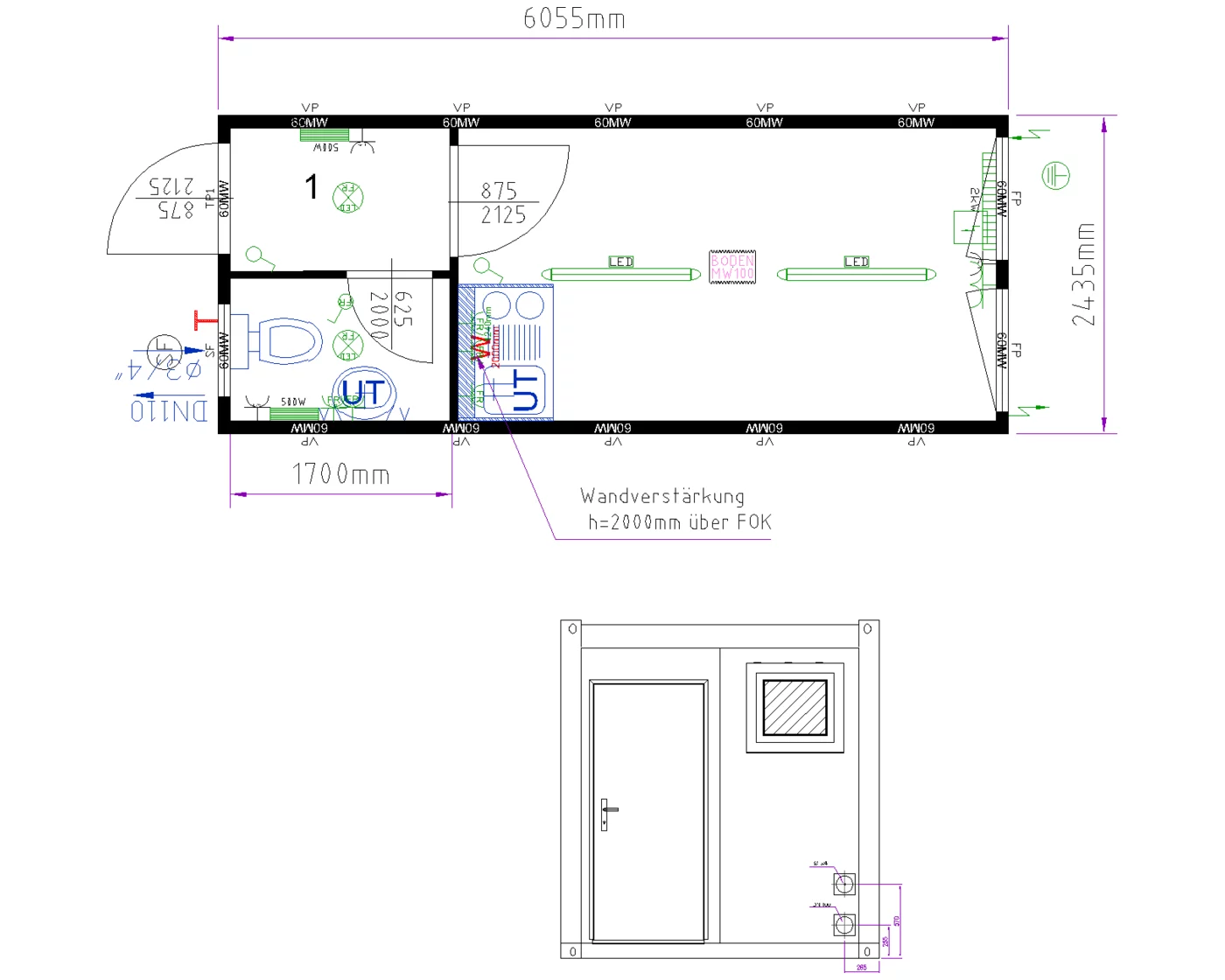 Grundriss Raummodul 20 ft mit Toilette und Miniküche (Kombicontainer)