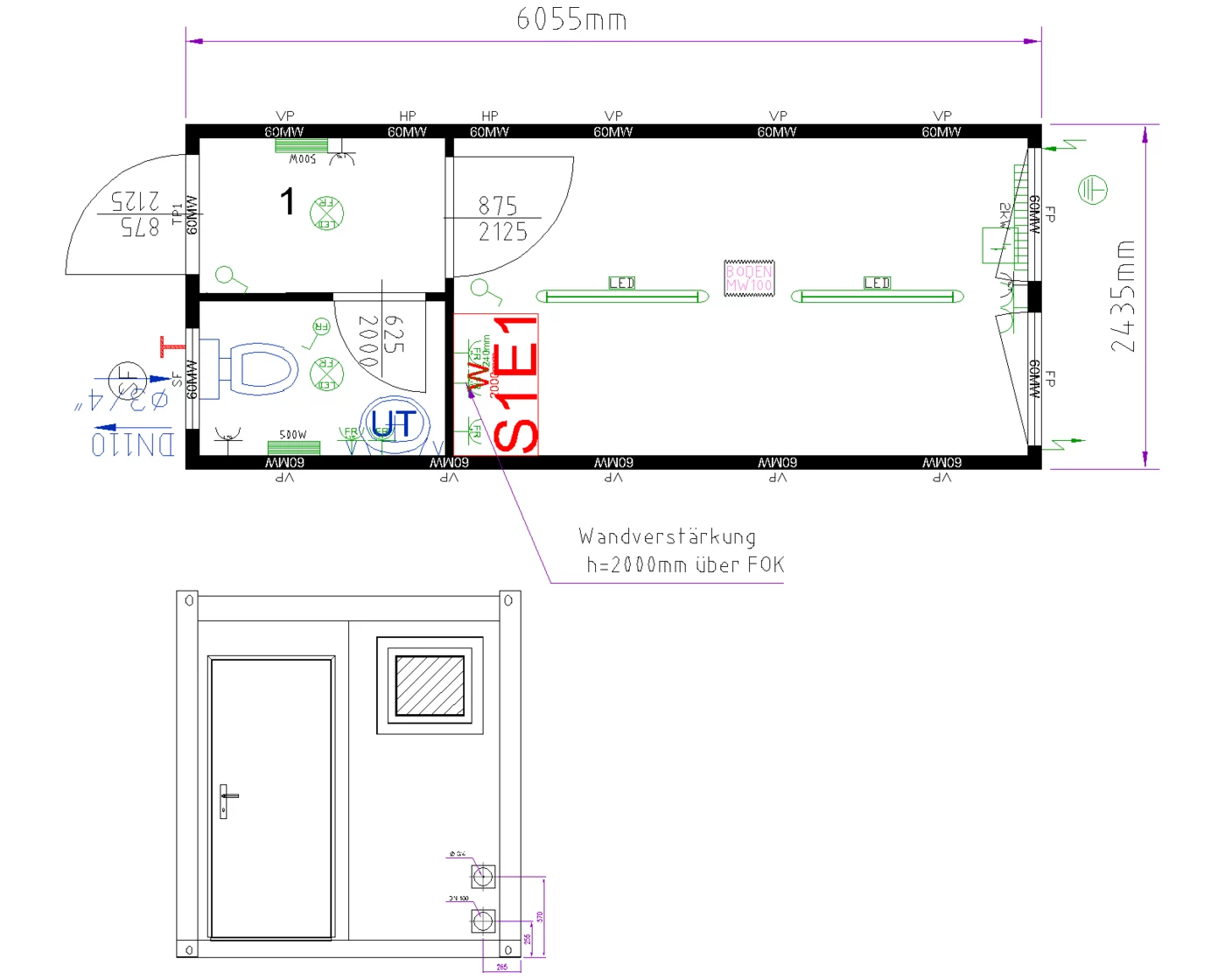 Grundriss Raummodul 20 ft mit Toilette (Kombicontainer)