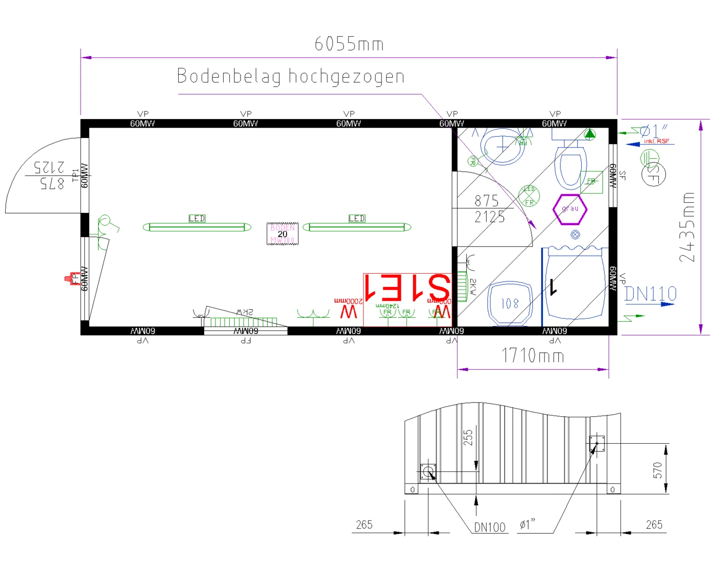 Grundriss Bauleiter-Container 20 ft, Raummodul mit Dusche und Toilette