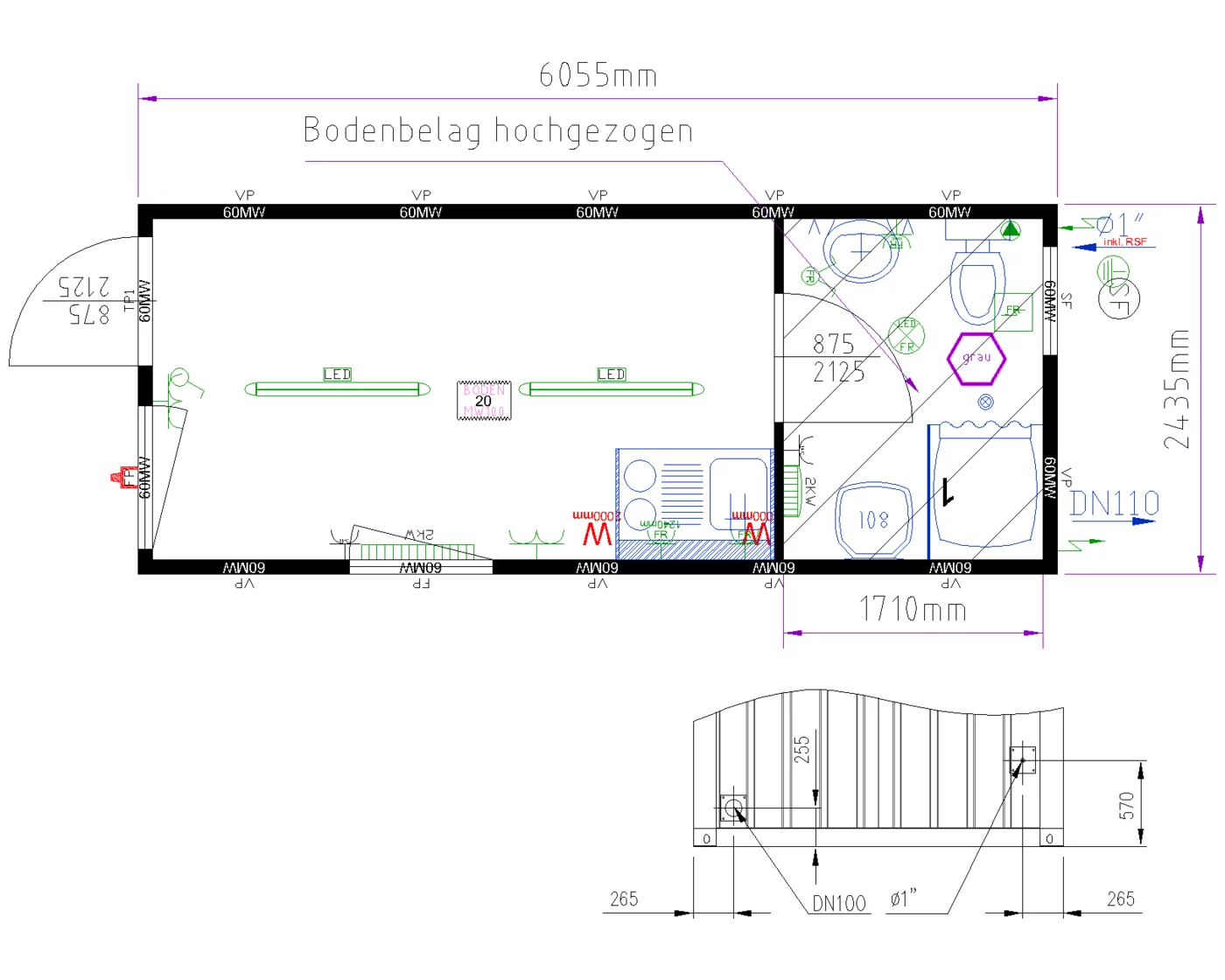 Grundriss Bauleiter-Container 20 ft mit Miniküche