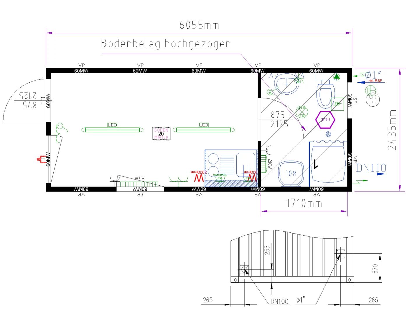 Grundriss Bauleiter-Container 20 ft mit Miniküche