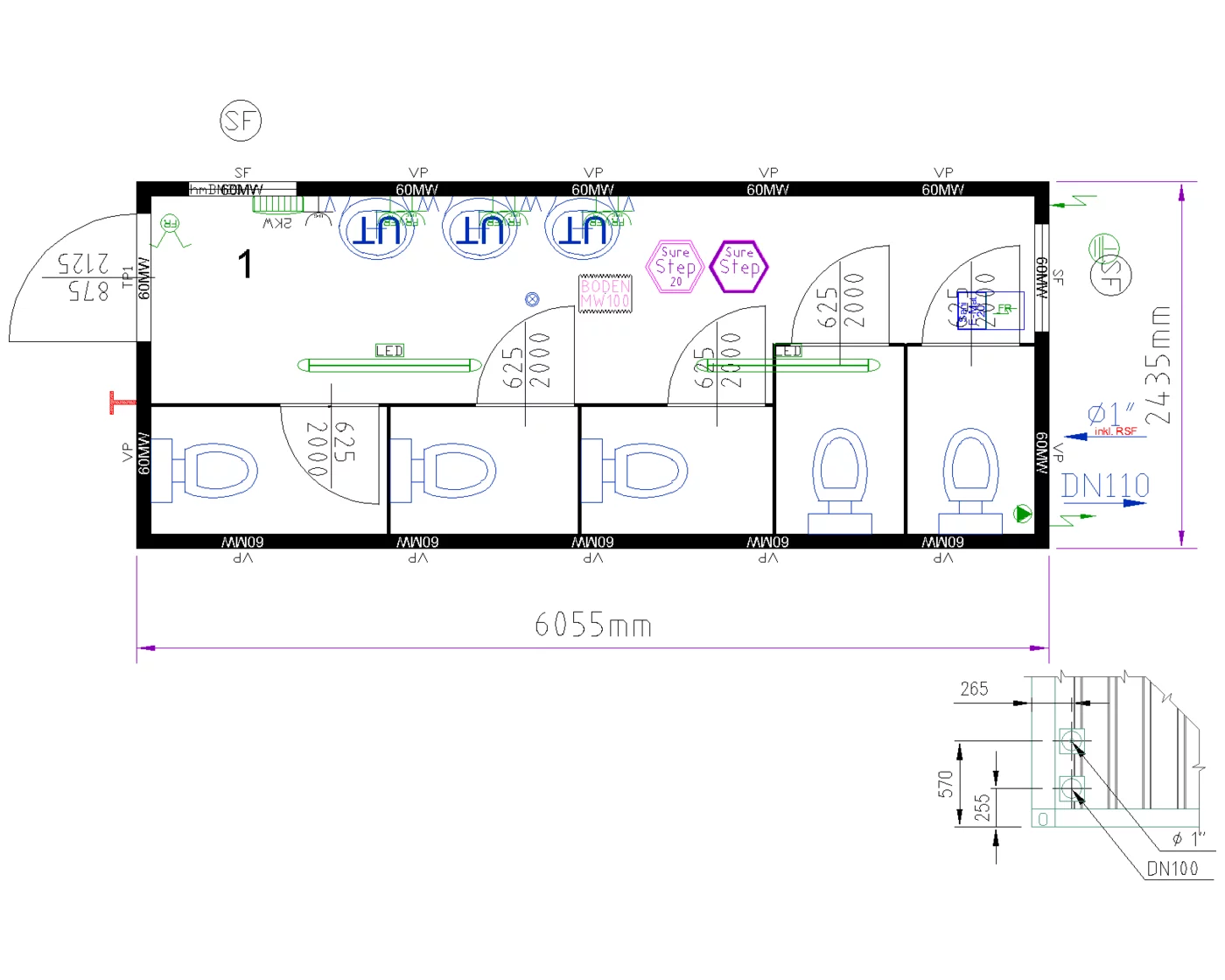 Grundriss WC-Container 20 ft Damen