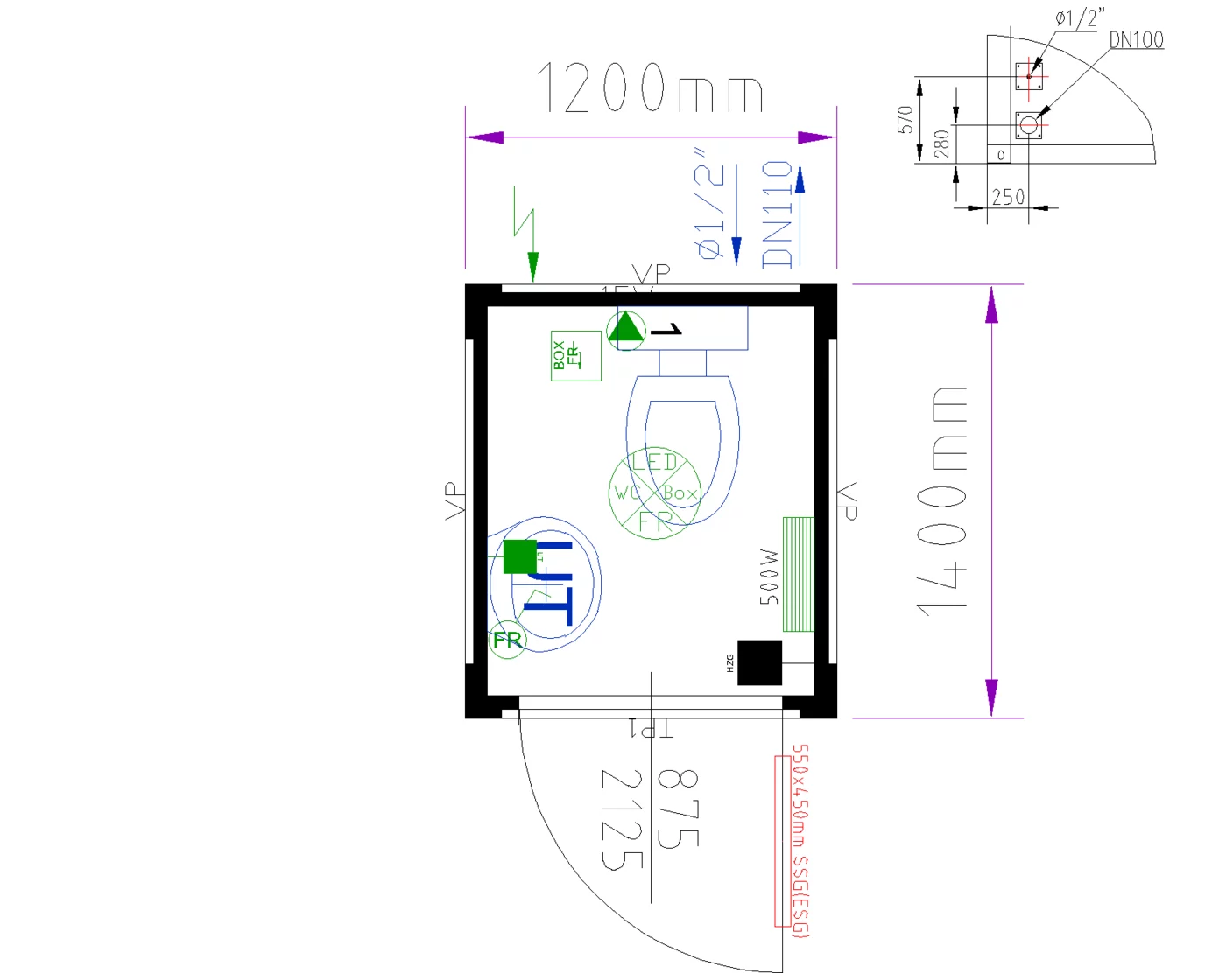 Grundriss WC-Box 5 ft