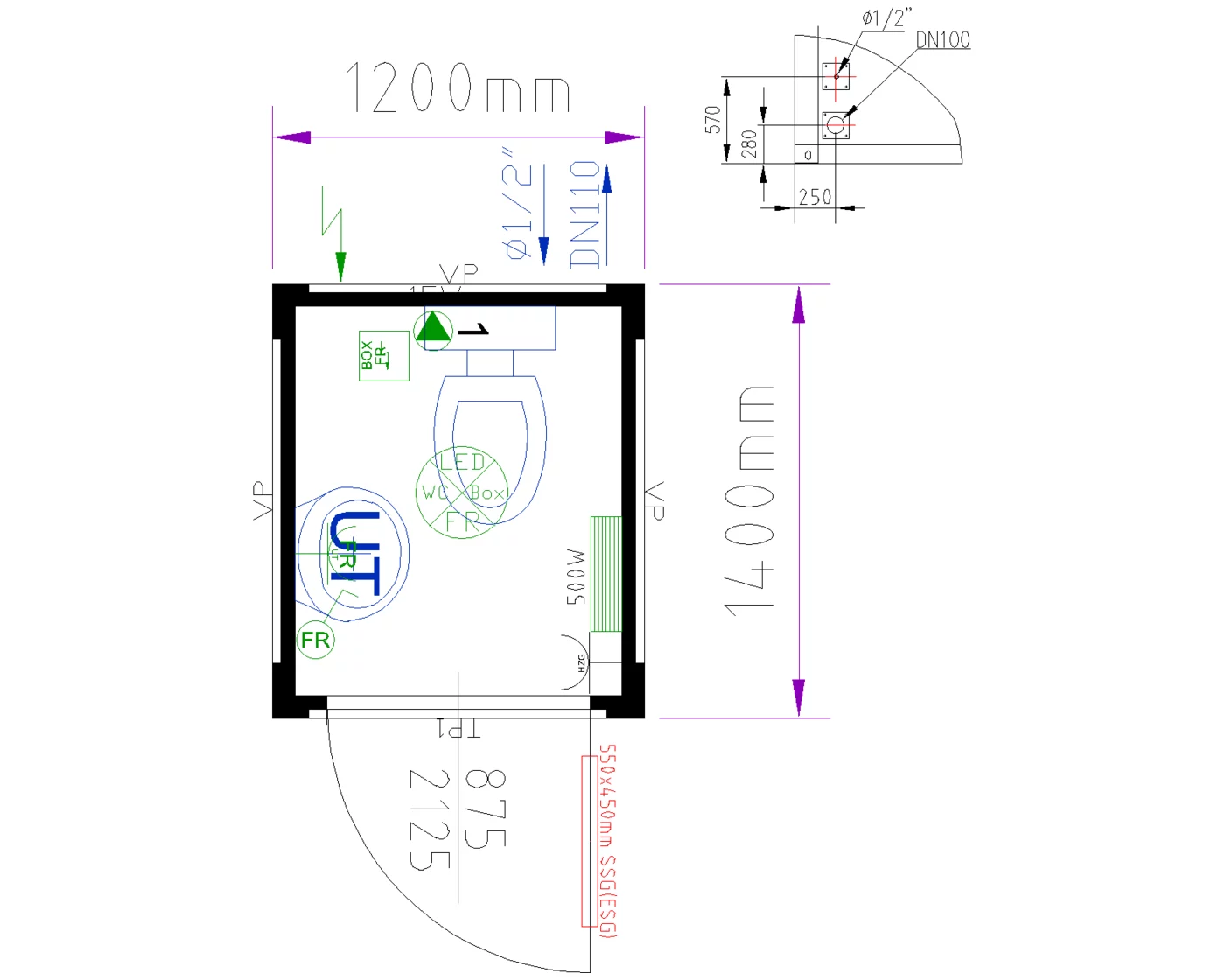 Grundriss WC-Box 5 ft