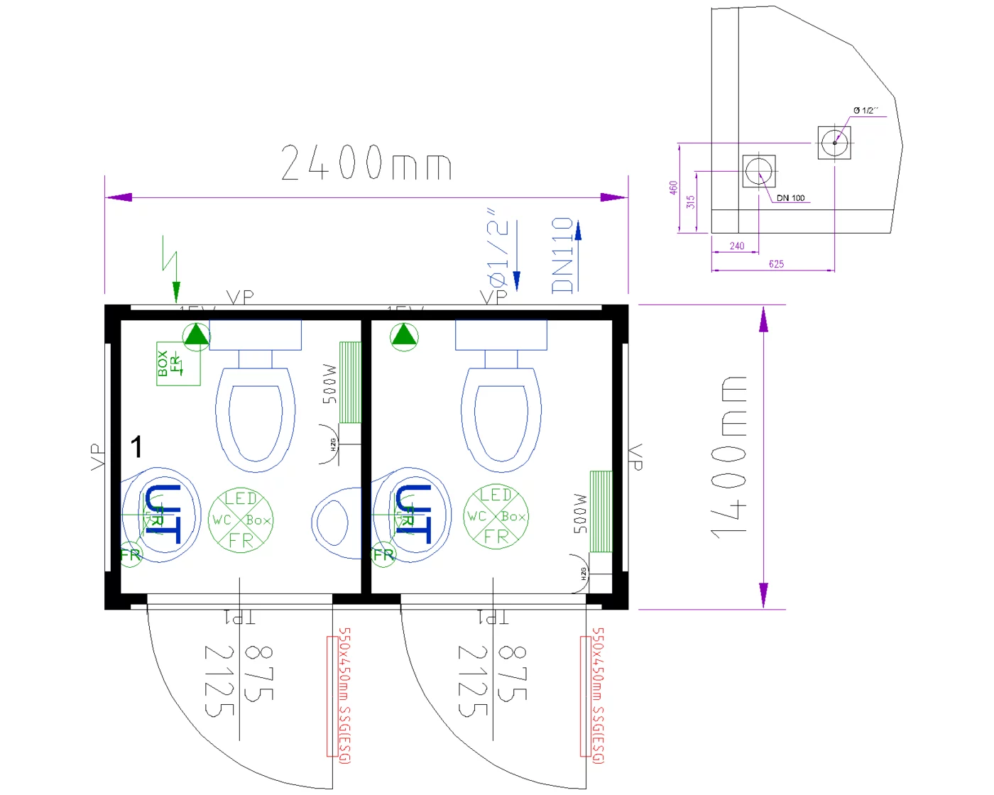 Grundriss Duo-WC-Box 8 ft mit Urinal