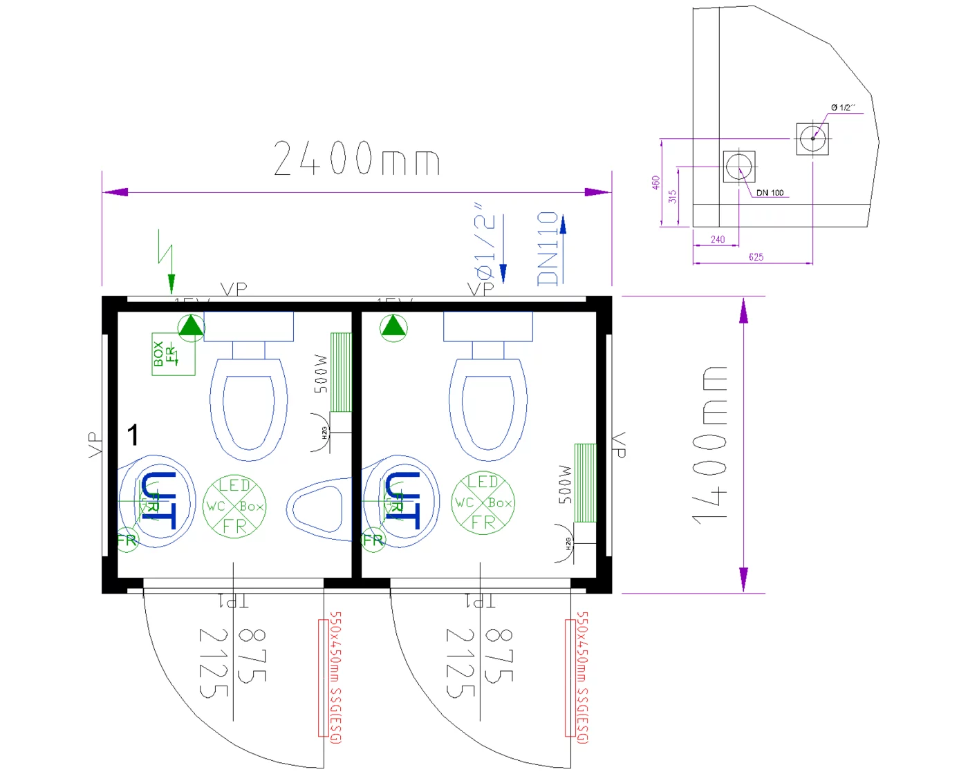Grundriss Duo-WC-Box 8 ft mit Urinal