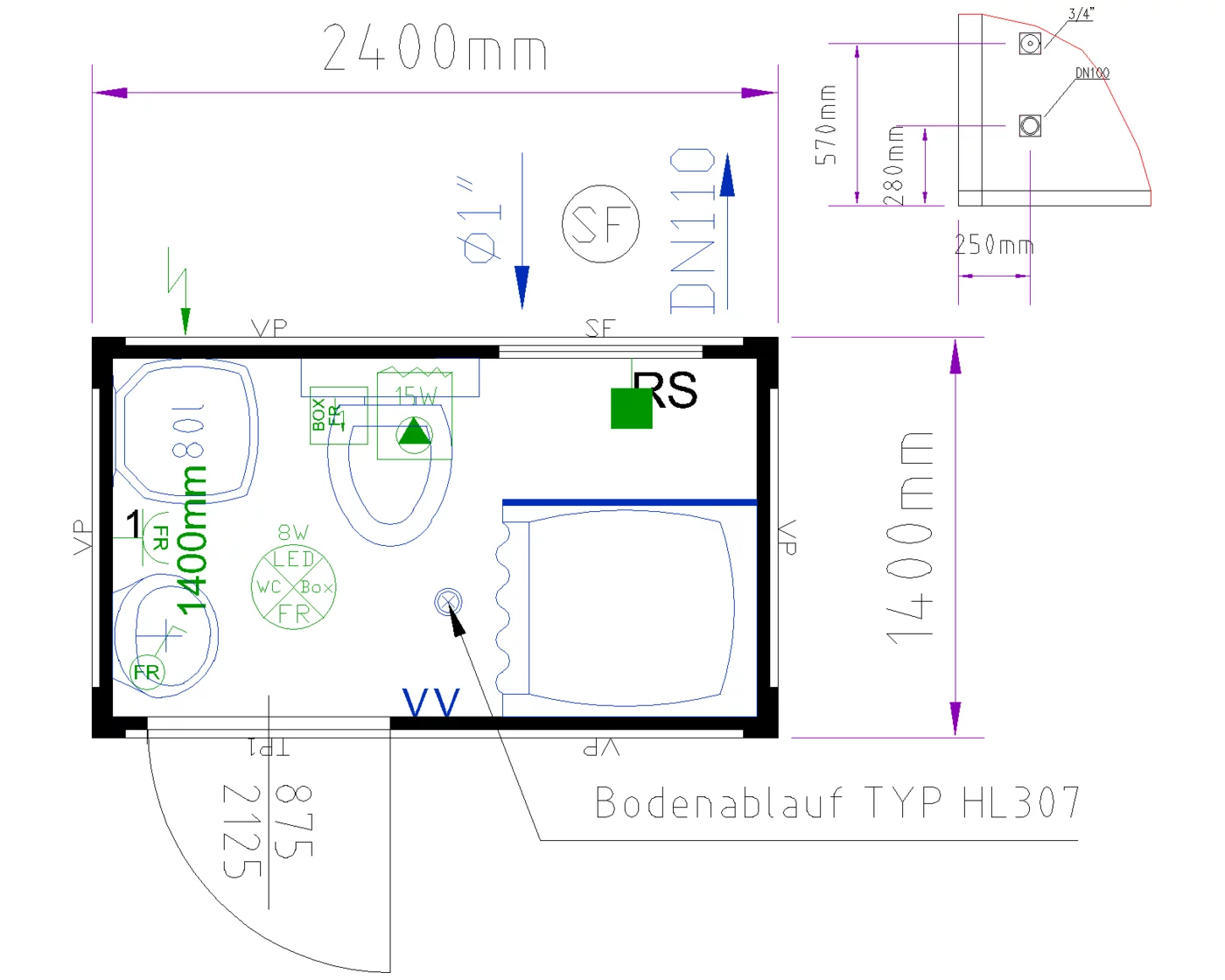 Grundriss Duo-Box 8 ft mit WC und Dusche