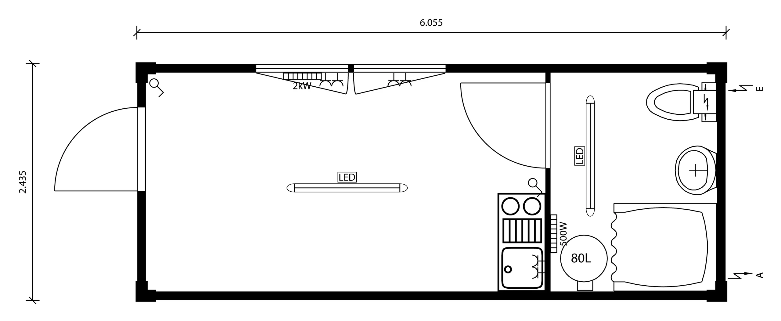 Grundriss des Bauleiter-Containers KOM-003 mit Büroraum, Miniküche und Sanitärraum.