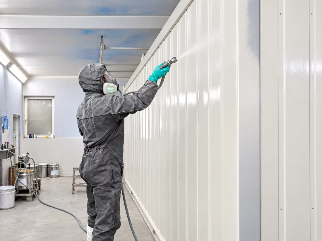Lackierer in Schutzanzug und Atemschutz lackiert die Außenwand des Containers mit der Spritzpistole