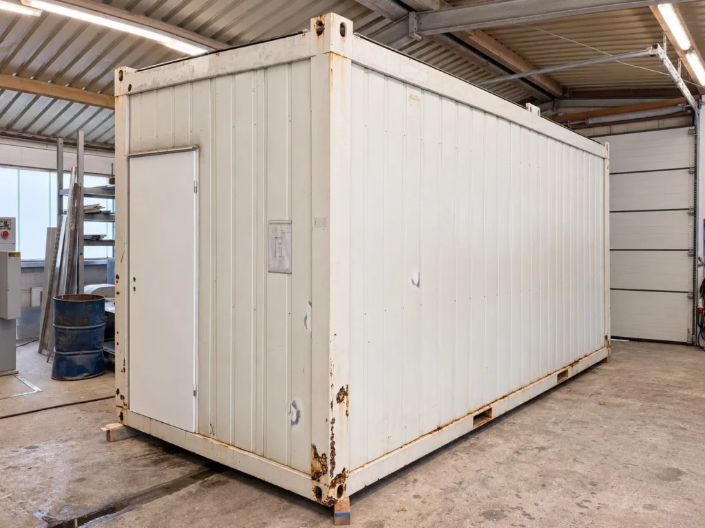 Gebrauchter weißer 20-Fuß-Container in der Werkstatt mit Rost am Eckpfosten und am Bodenrahmen